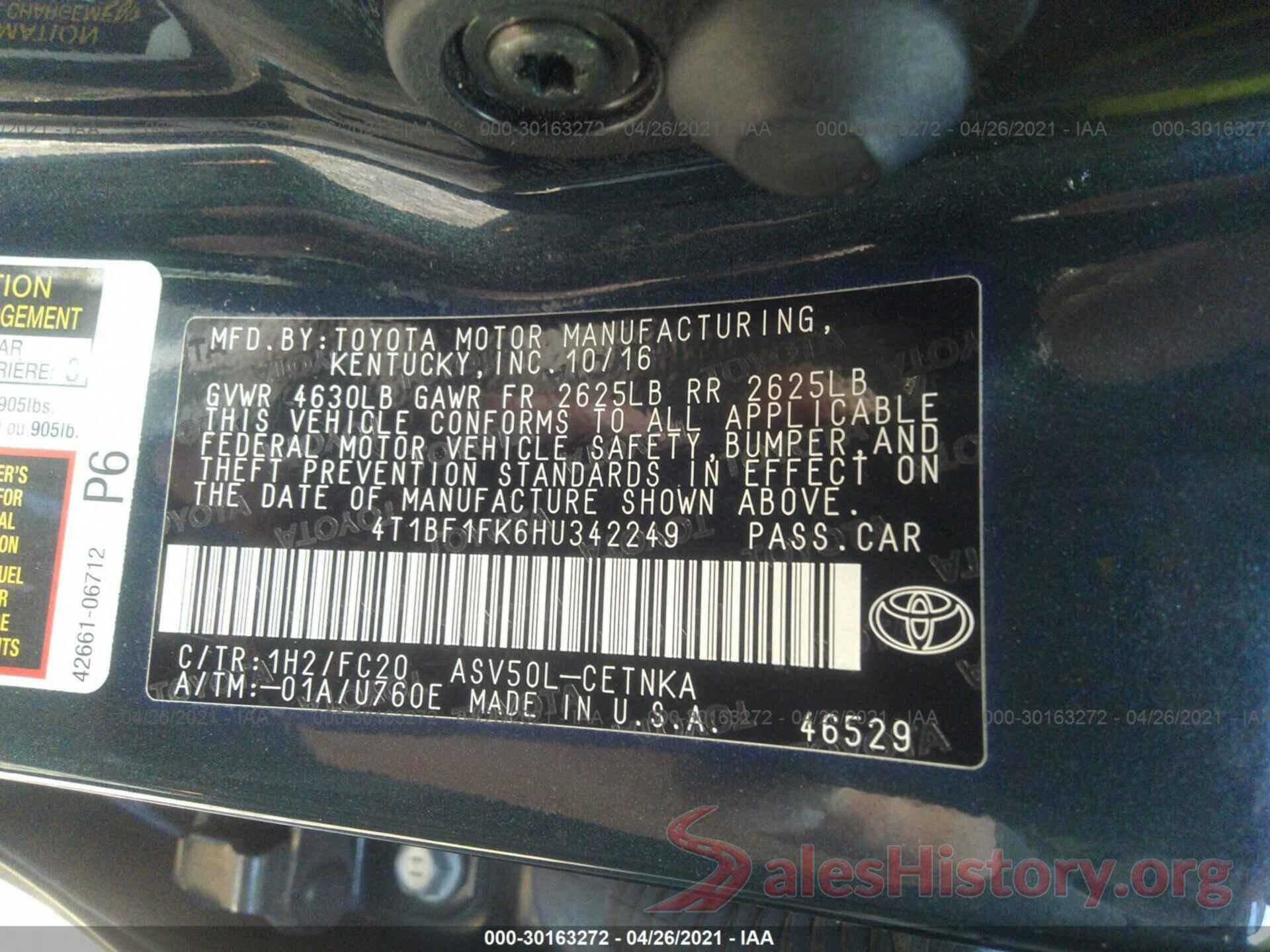 4T1BF1FK6HU342249 2017 TOYOTA CAMRY