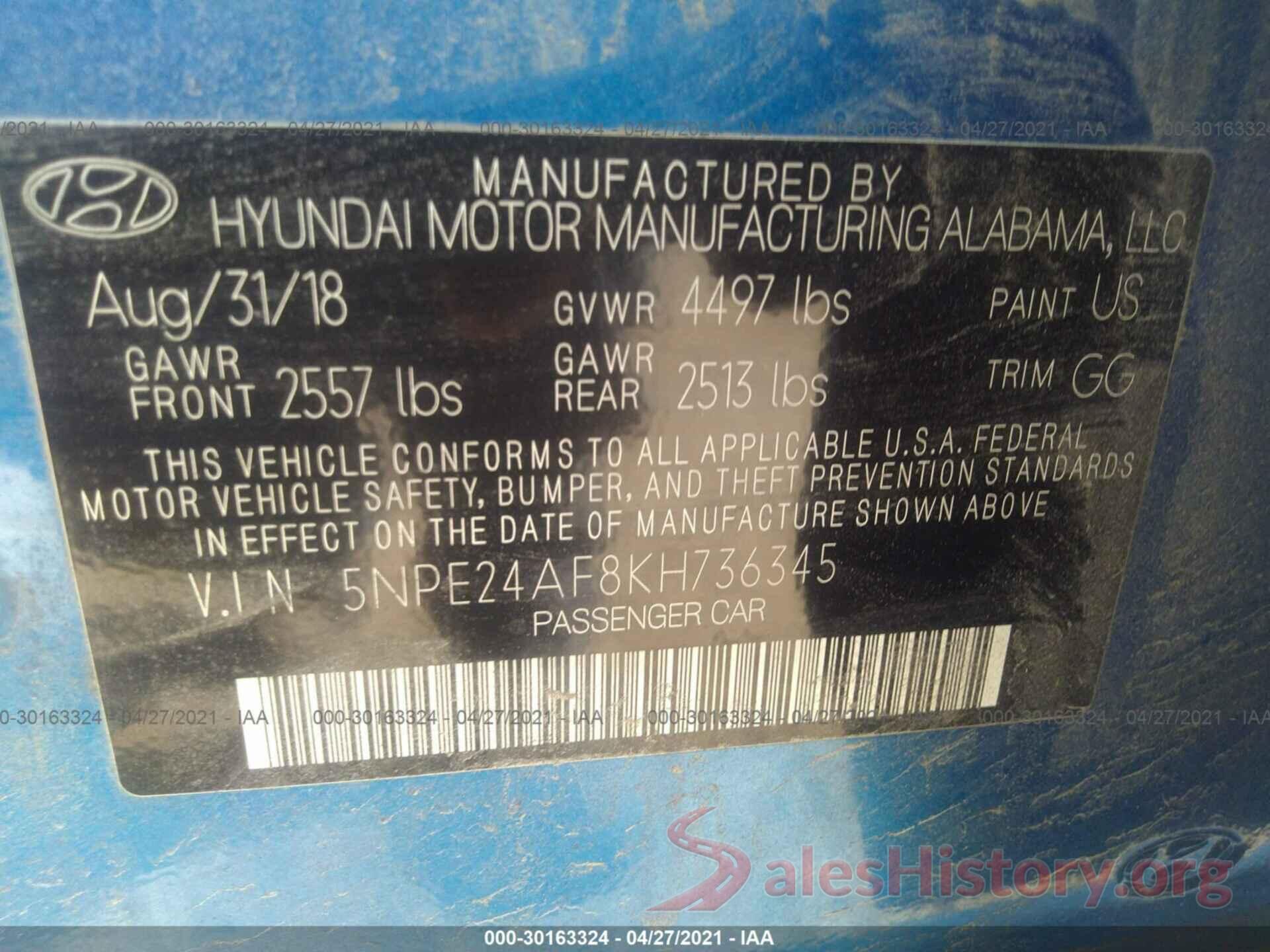 5NPE24AF8KH736345 2019 HYUNDAI SONATA