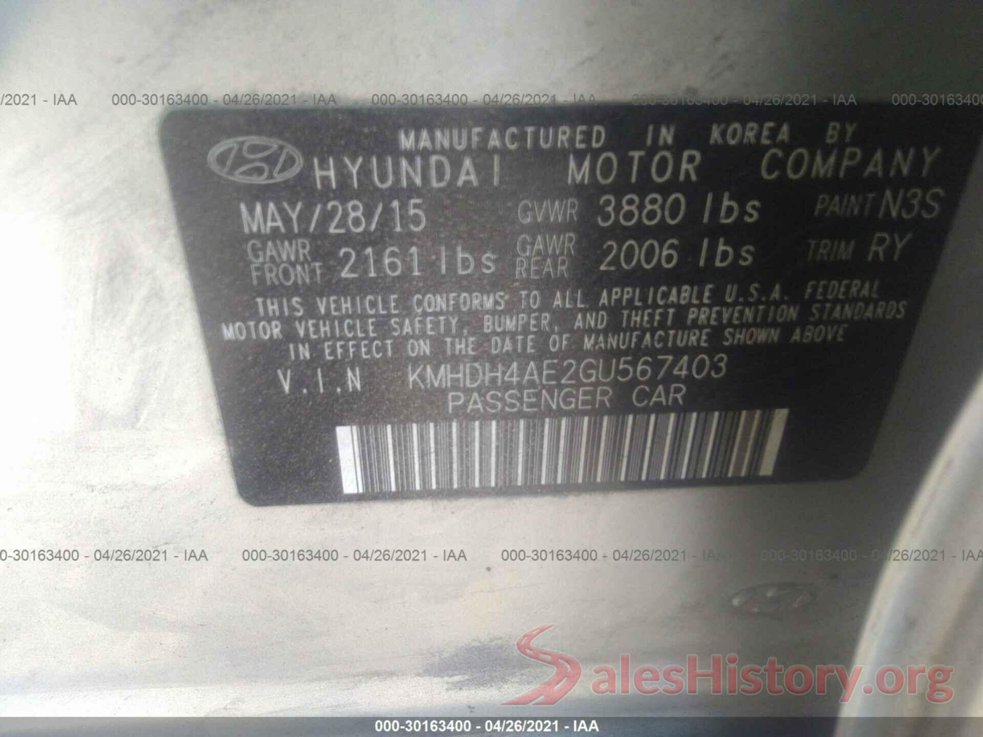 KMHDH4AE2GU567403 2016 HYUNDAI ELANTRA