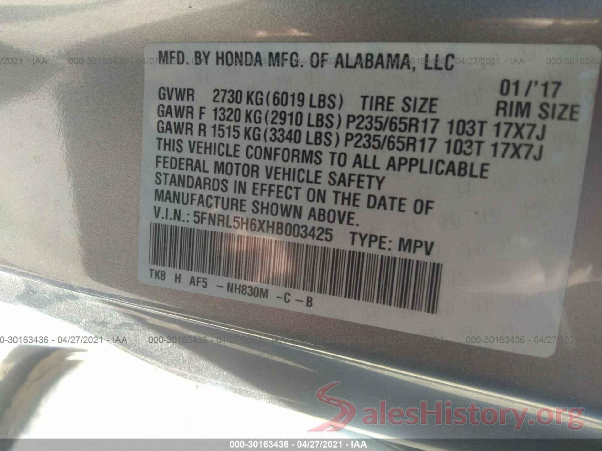 5FNRL5H6XHB003425 2017 HONDA ODYSSEY