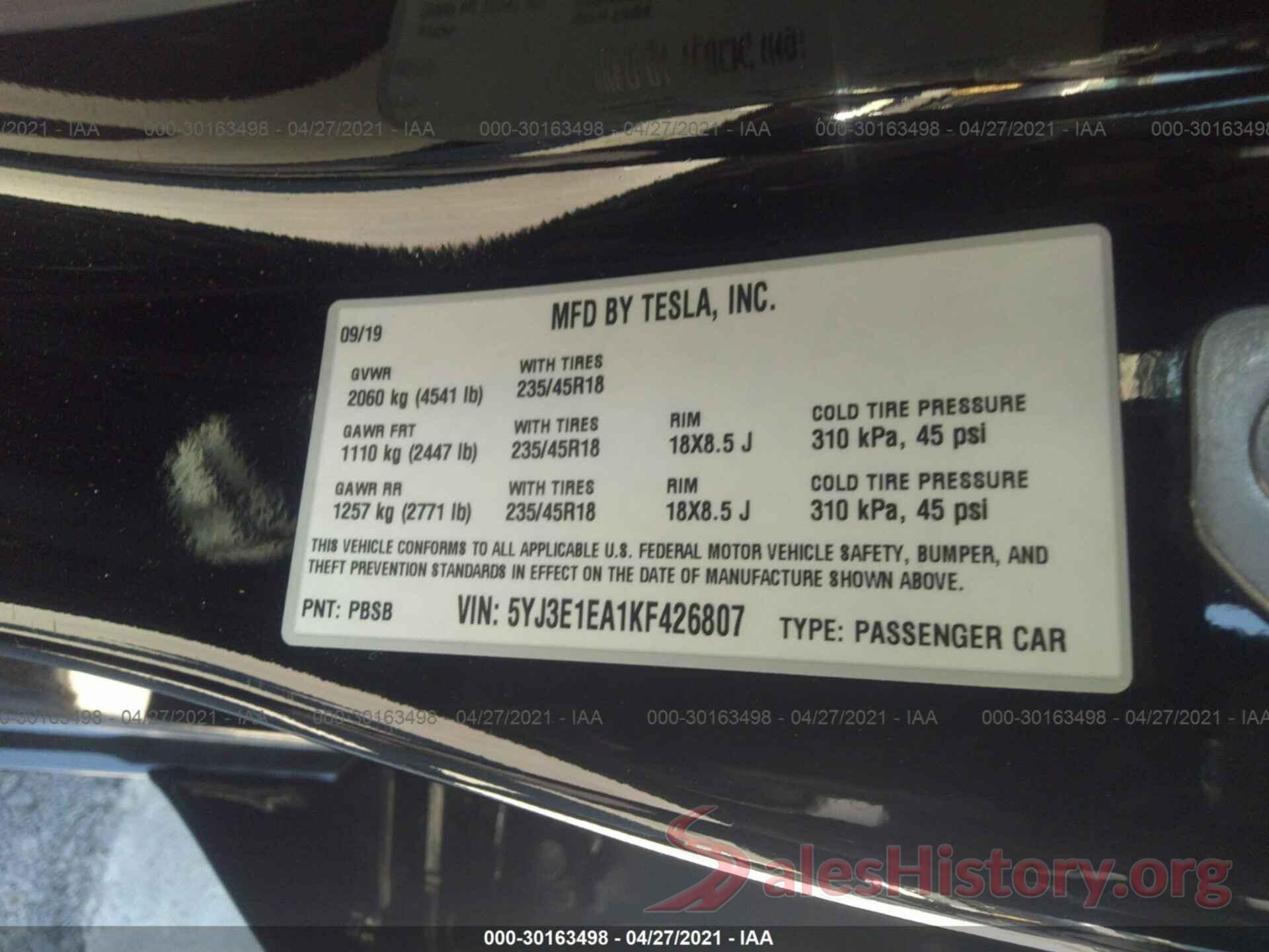 5YJ3E1EA1KF426807 2019 TESLA MODEL 3