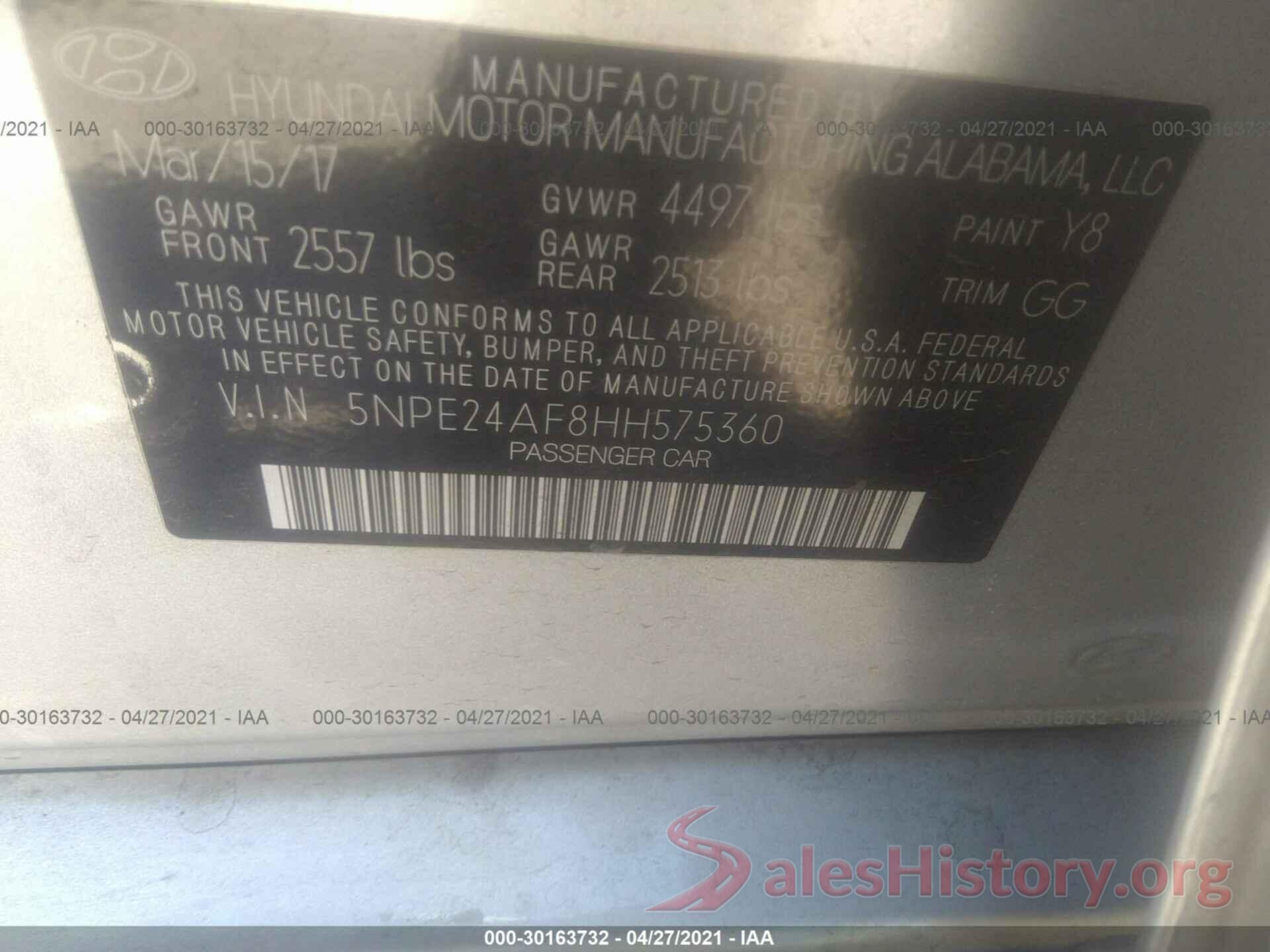 5NPE24AF8HH575360 2017 HYUNDAI SONATA