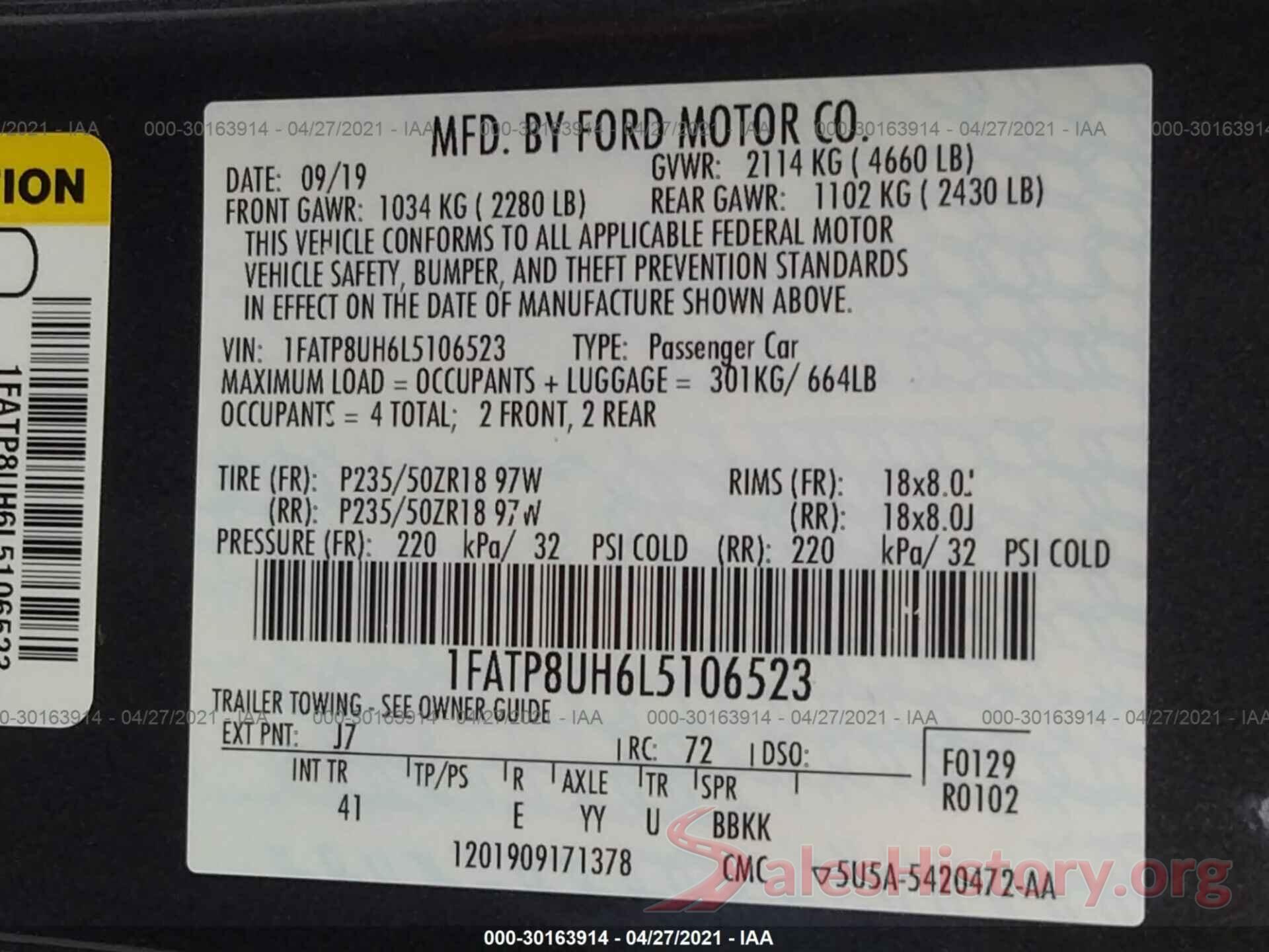 1FATP8UH6L5106523 2020 FORD MUSTANG