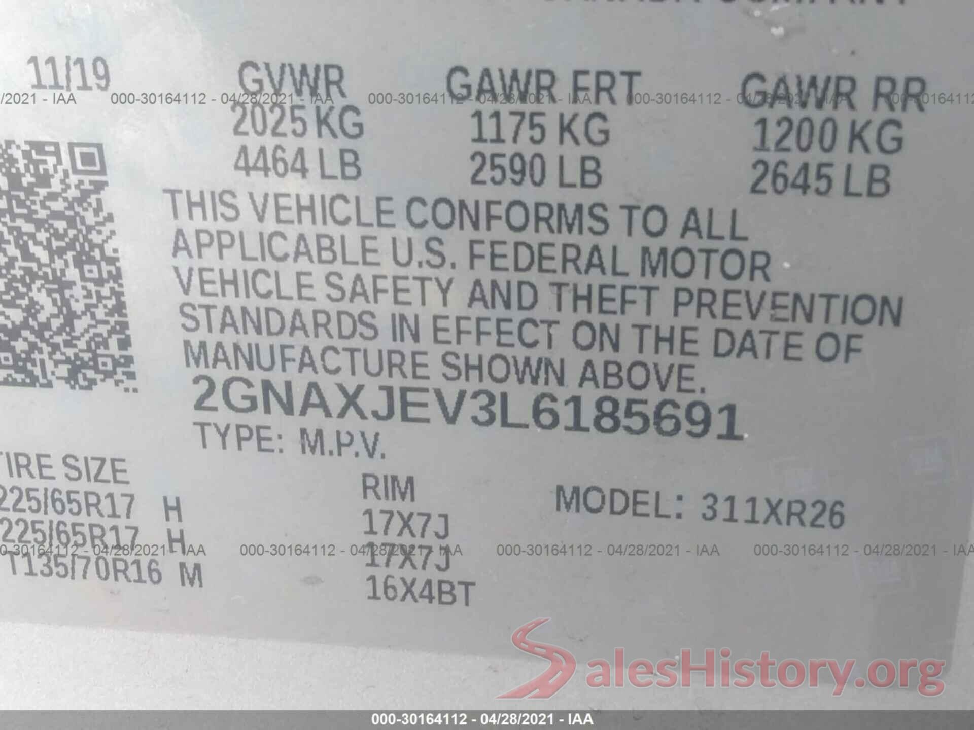 2GNAXJEV3L6185691 2020 CHEVROLET EQUINOX