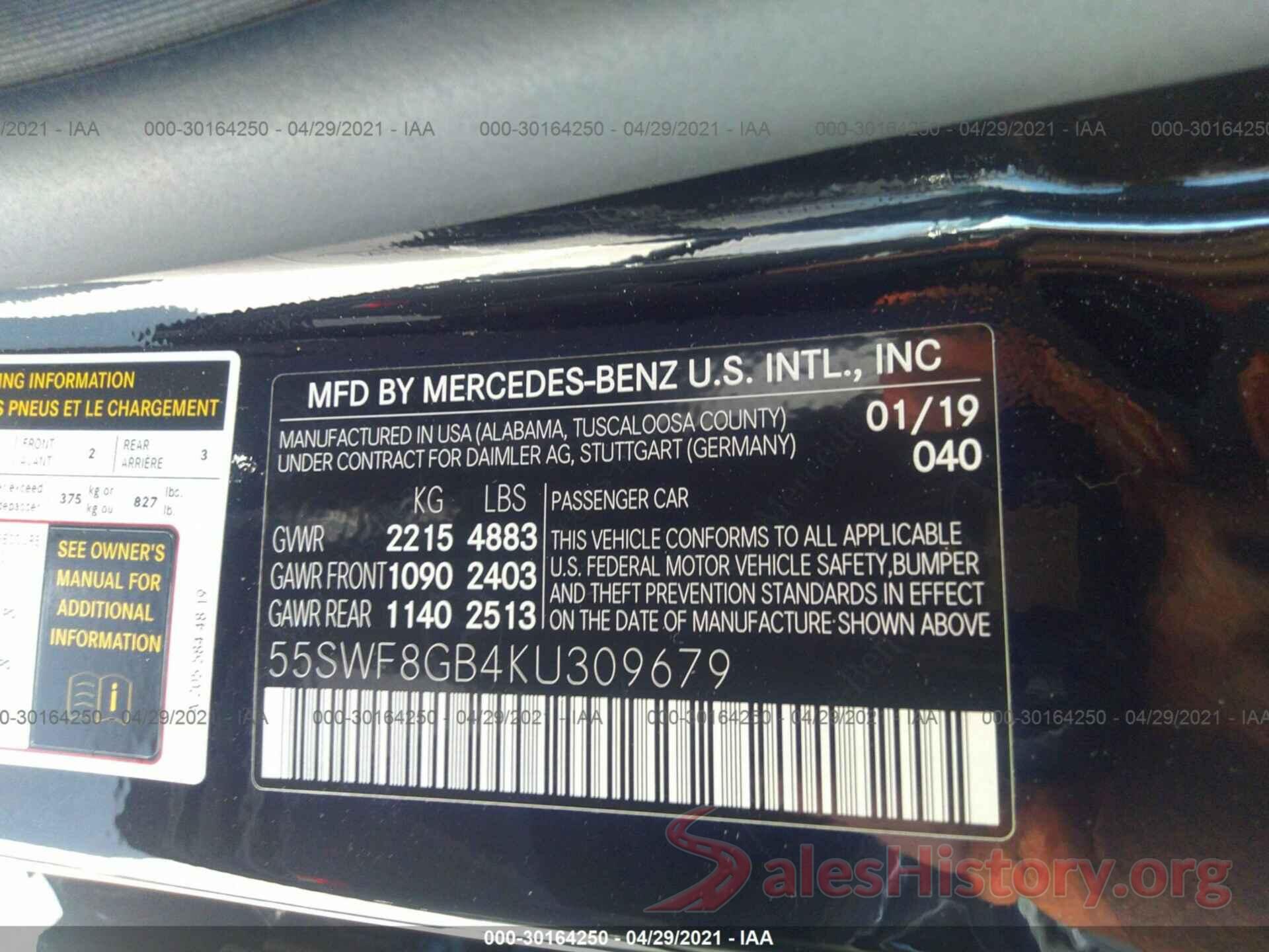 55SWF8GB4KU309679 2019 MERCEDES-BENZ C-CLASS