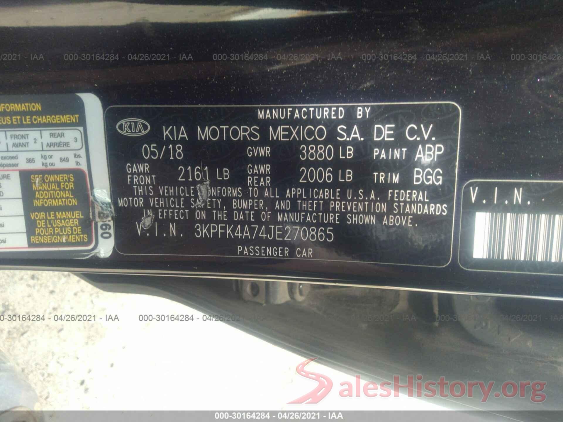 3KPFK4A74JE270865 2018 KIA FORTE