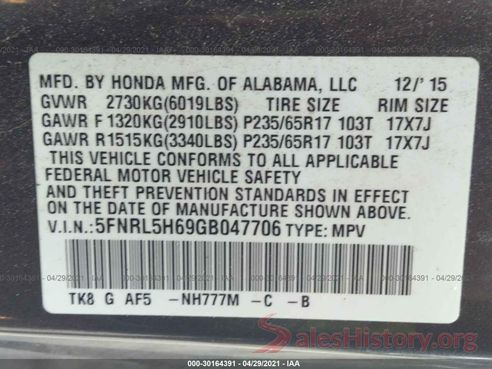 5FNRL5H69GB047706 2016 HONDA ODYSSEY