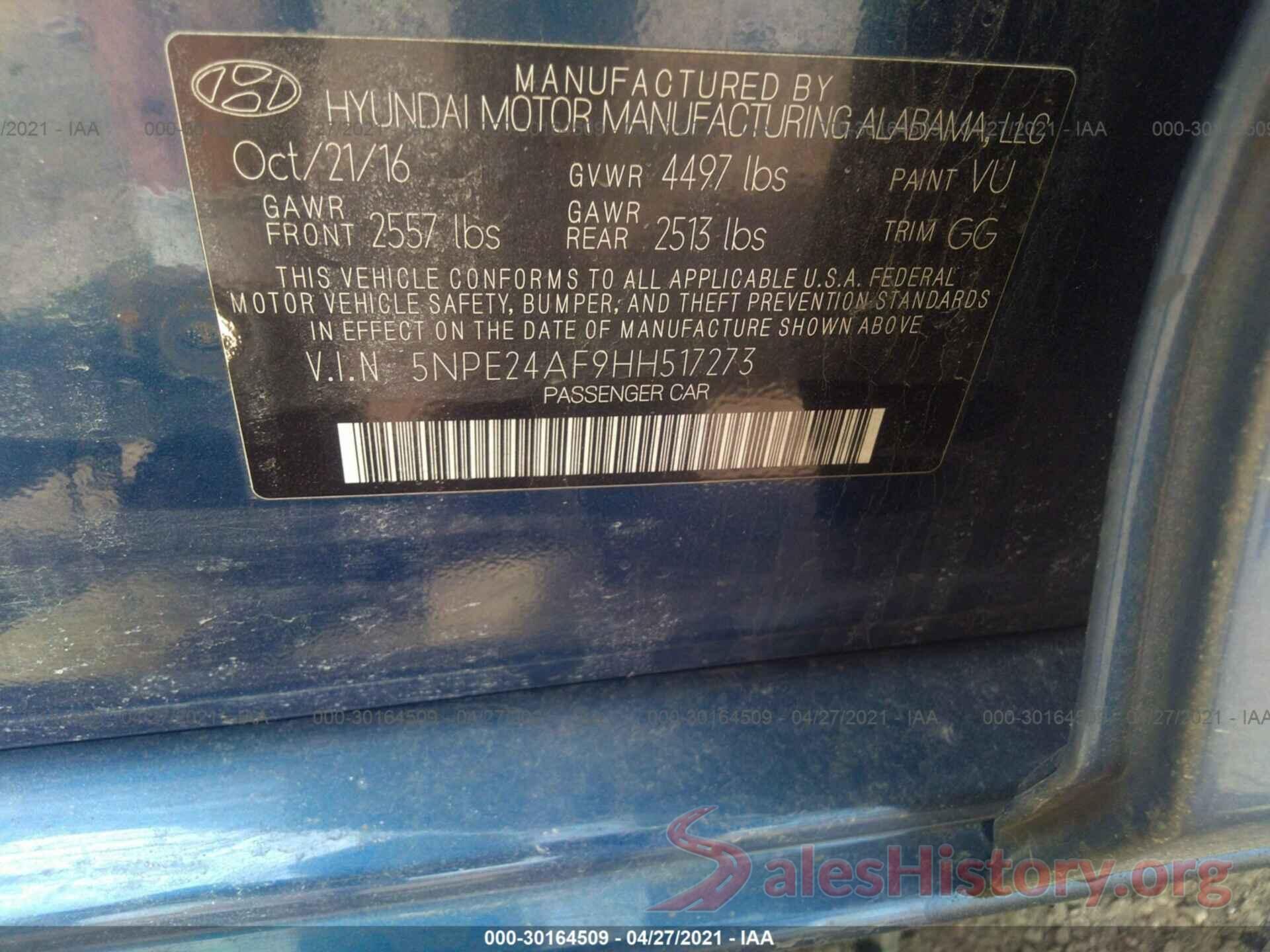 5NPE24AF9HH517273 2017 HYUNDAI SONATA