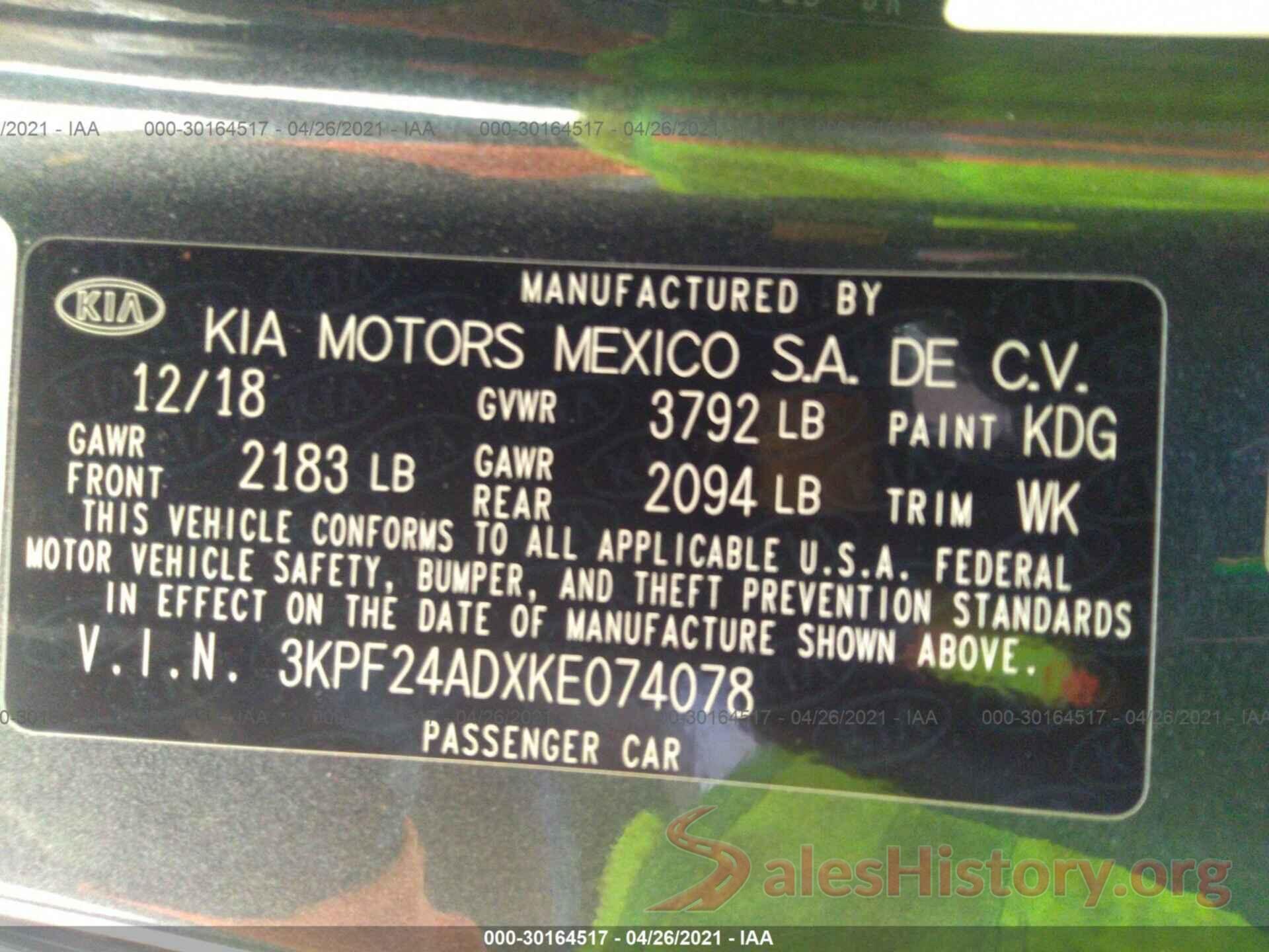 3KPF24ADXKE074078 2019 KIA FORTE