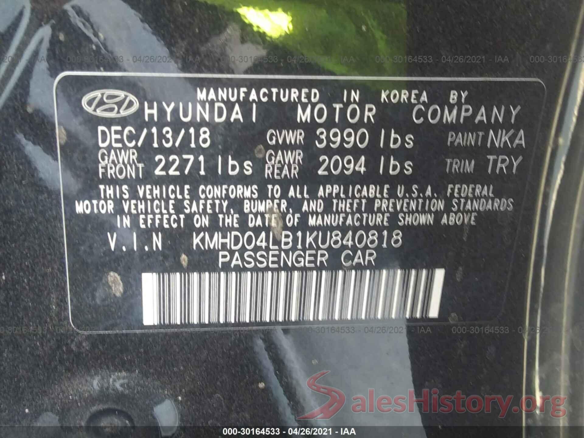 KMHD04LB1KU840818 2019 HYUNDAI ELANTRA