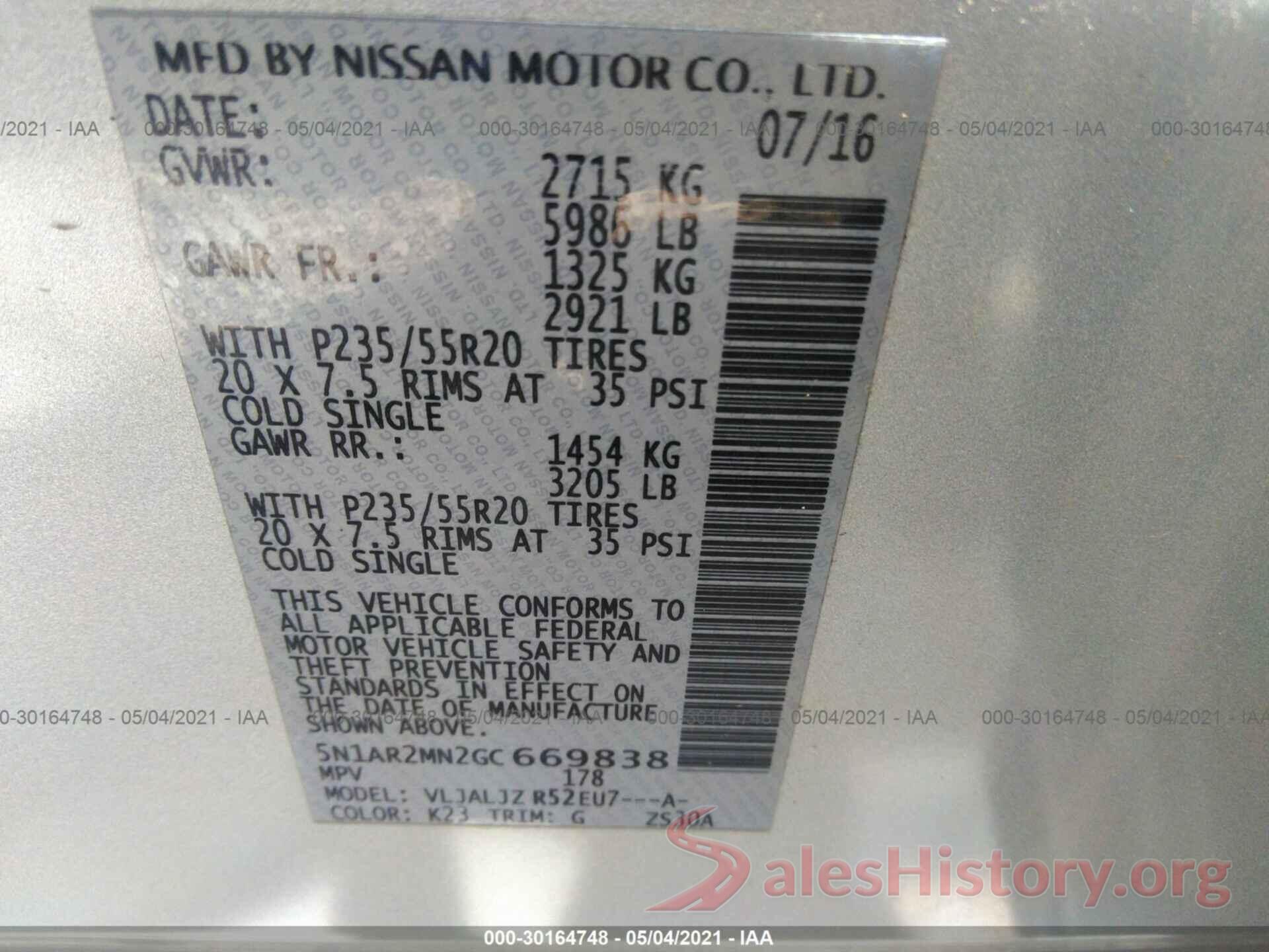 5N1AR2MN2GC669838 2016 NISSAN PATHFINDER