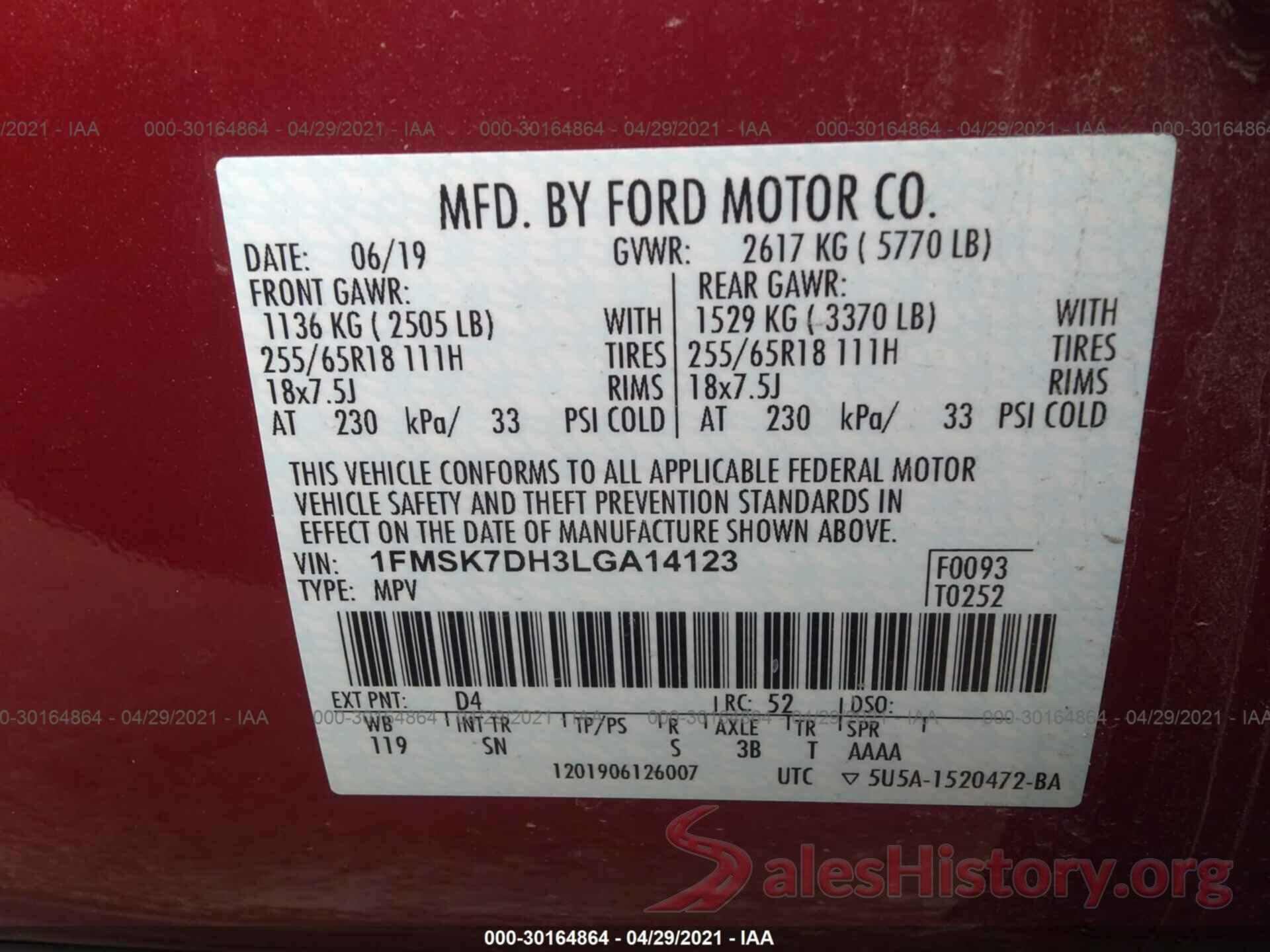 1FMSK7DH3LGA14123 2020 FORD EXPLORER