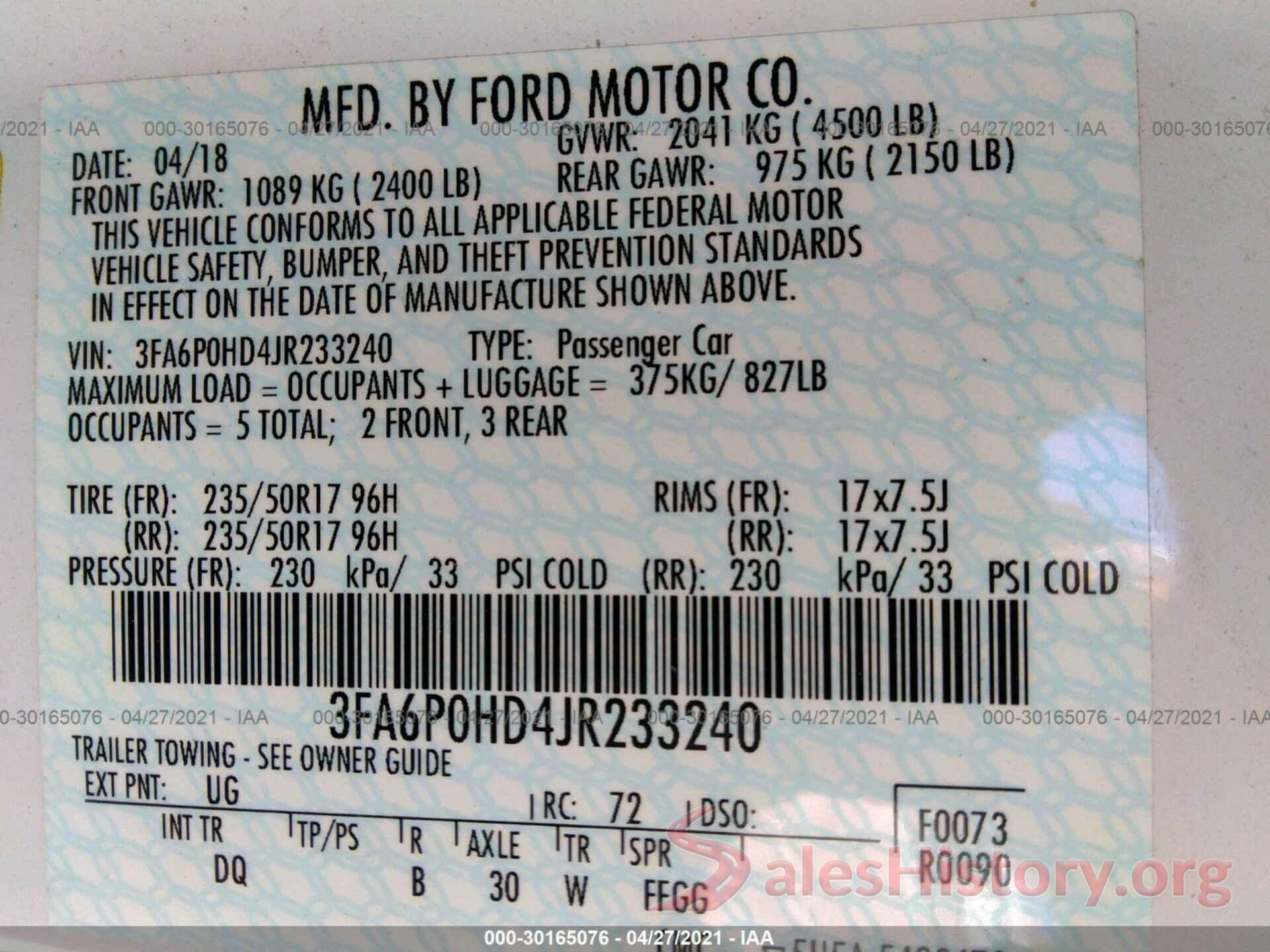 3FA6P0HD4JR233240 2018 FORD FUSION