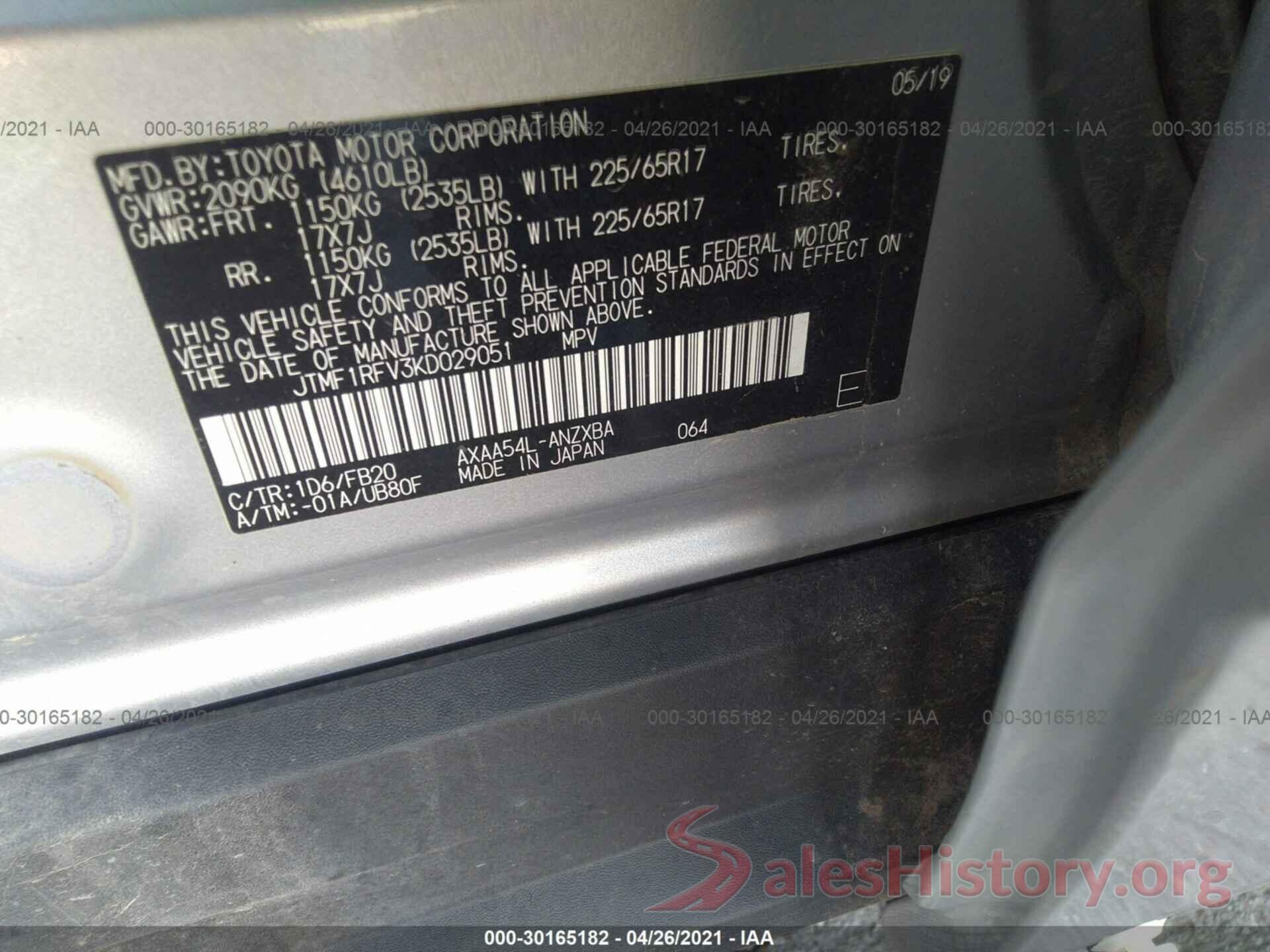 JTMF1RFV3KD029051 2019 TOYOTA RAV4