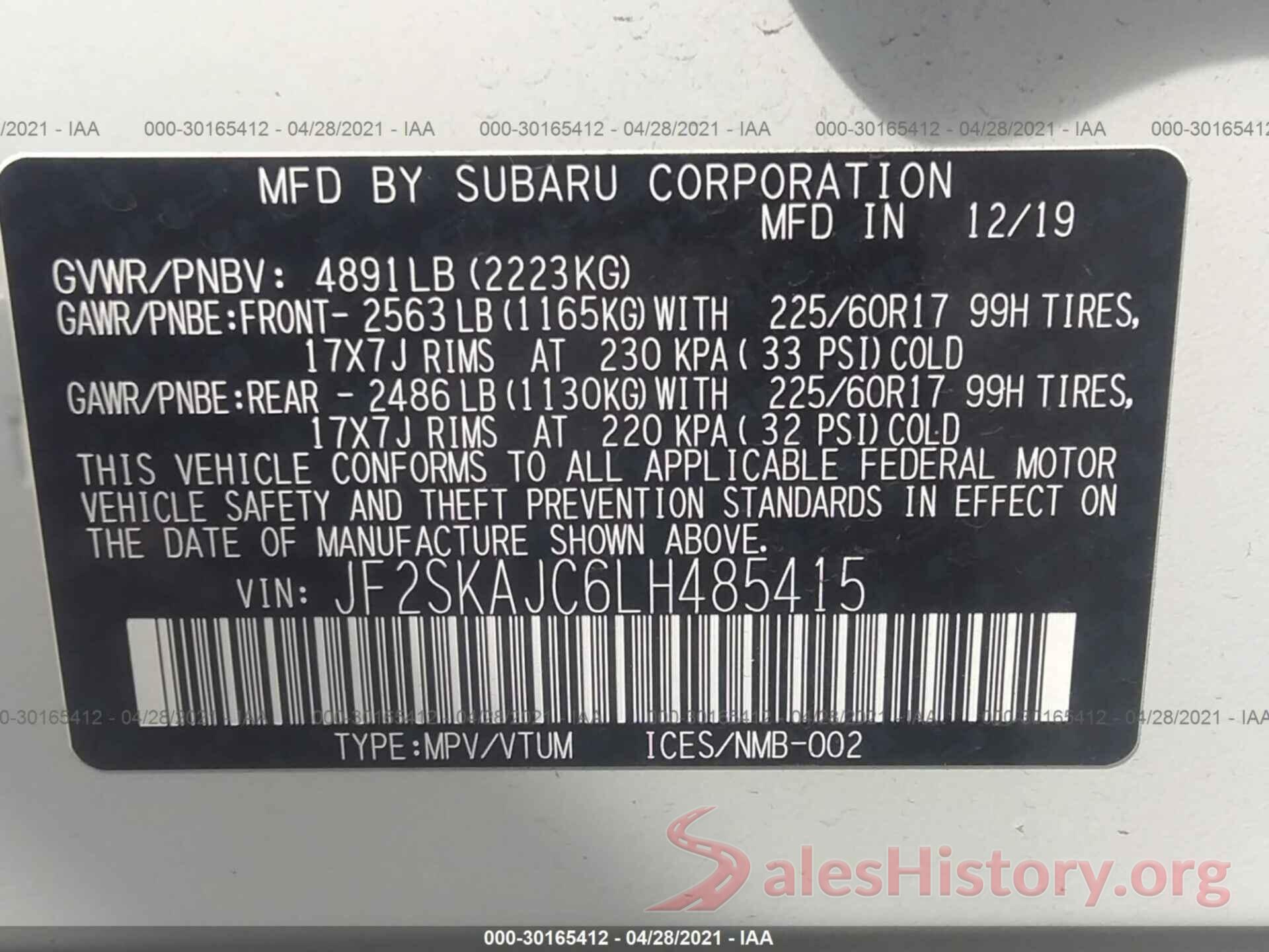 JF2SKAJC6LH485415 2020 SUBARU FORESTER