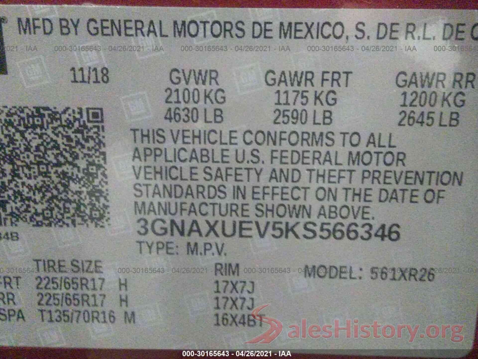 3GNAXUEV5KS566346 2019 CHEVROLET EQUINOX