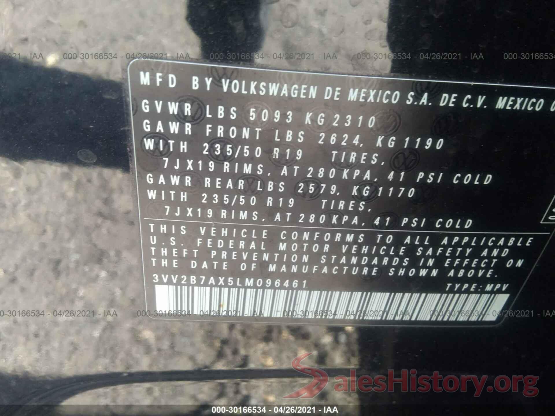 3VV2B7AX5LM096461 2020 VOLKSWAGEN TIGUAN