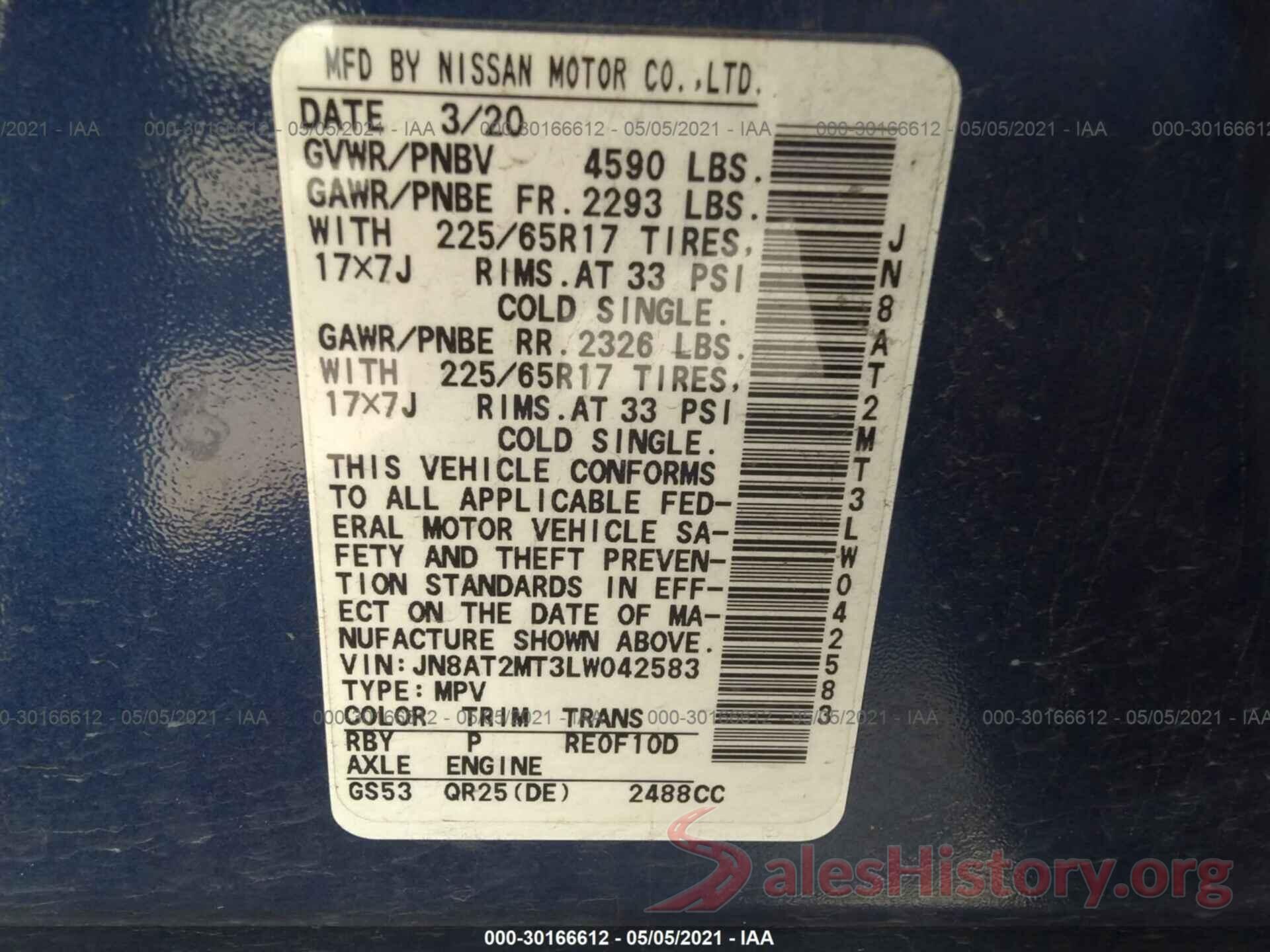 JN8AT2MT3LW042583 2020 NISSAN ROGUE