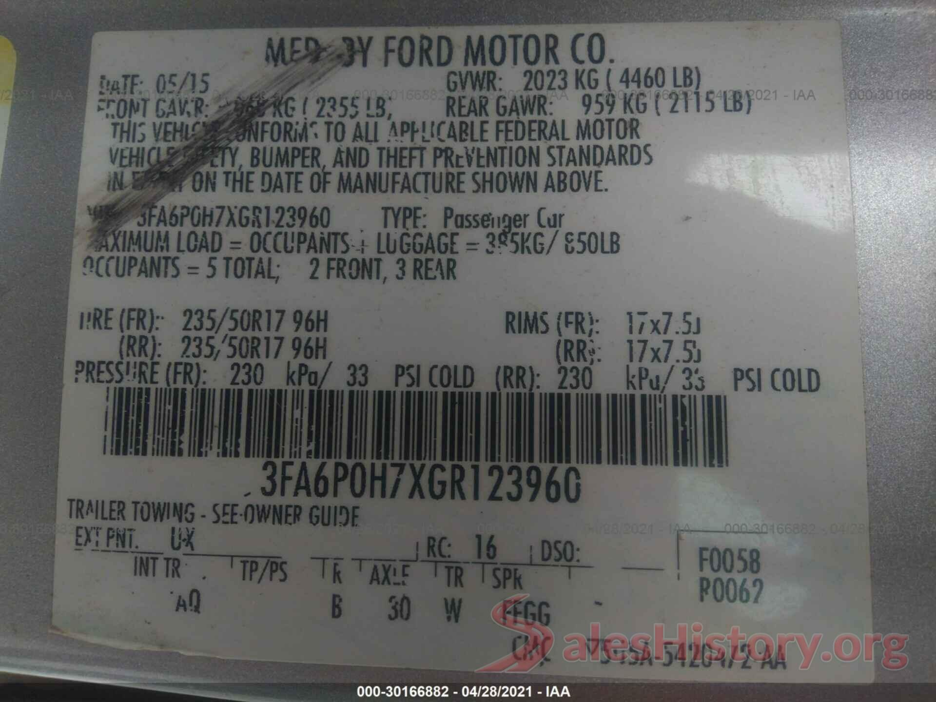 3FA6P0H7XGR123960 2016 FORD FUSION