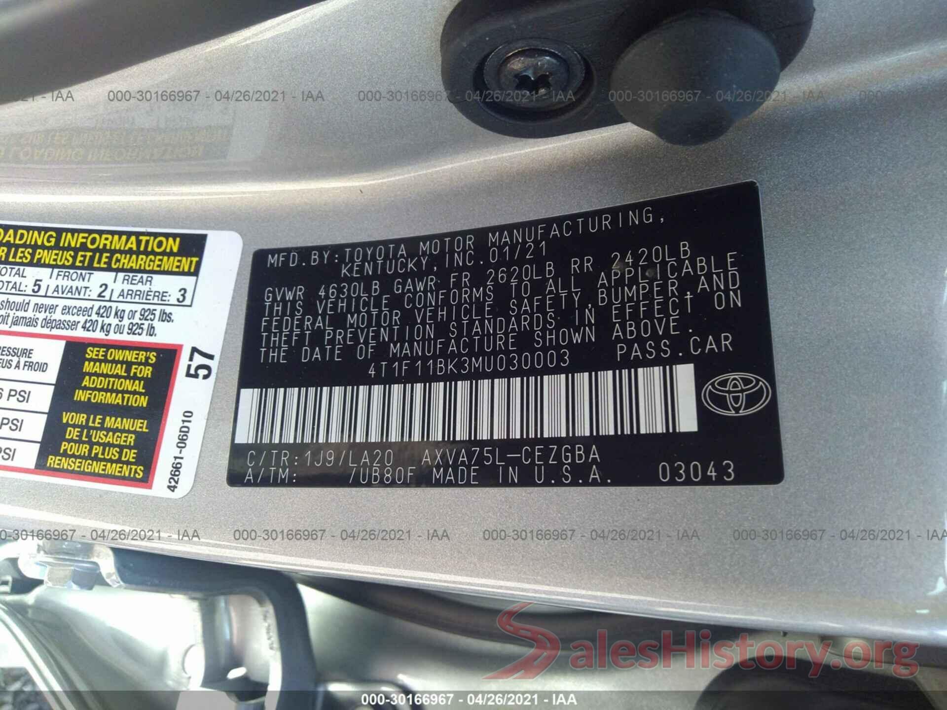 4T1F11BK3MU030003 2021 TOYOTA CAMRY