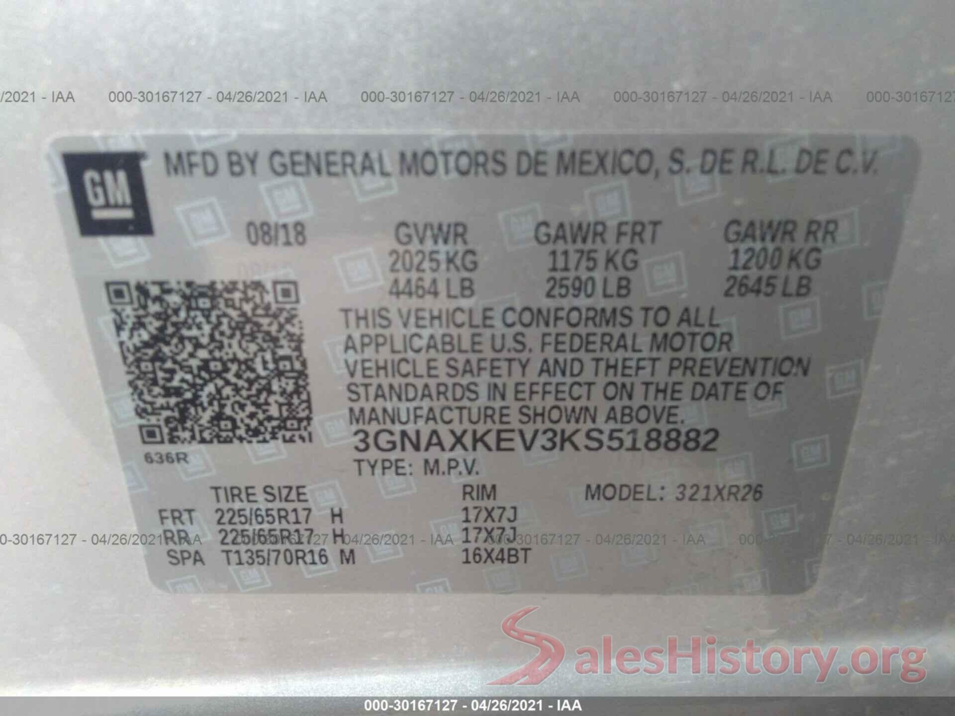 3GNAXKEV3KS518882 2019 CHEVROLET EQUINOX