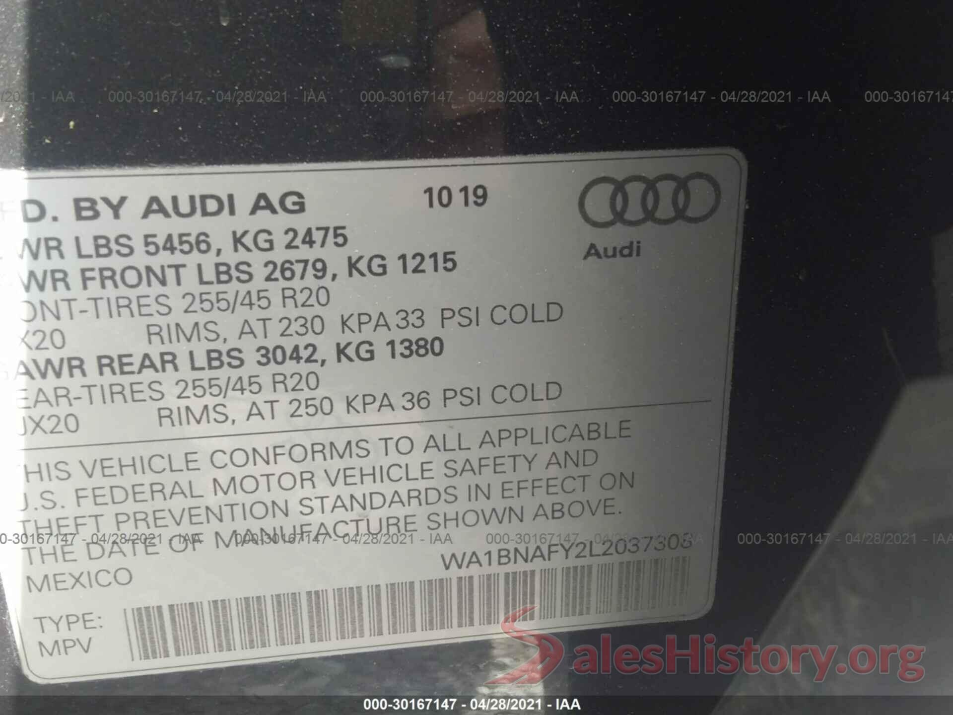 WA1BNAFY2L2037308 2020 AUDI Q5