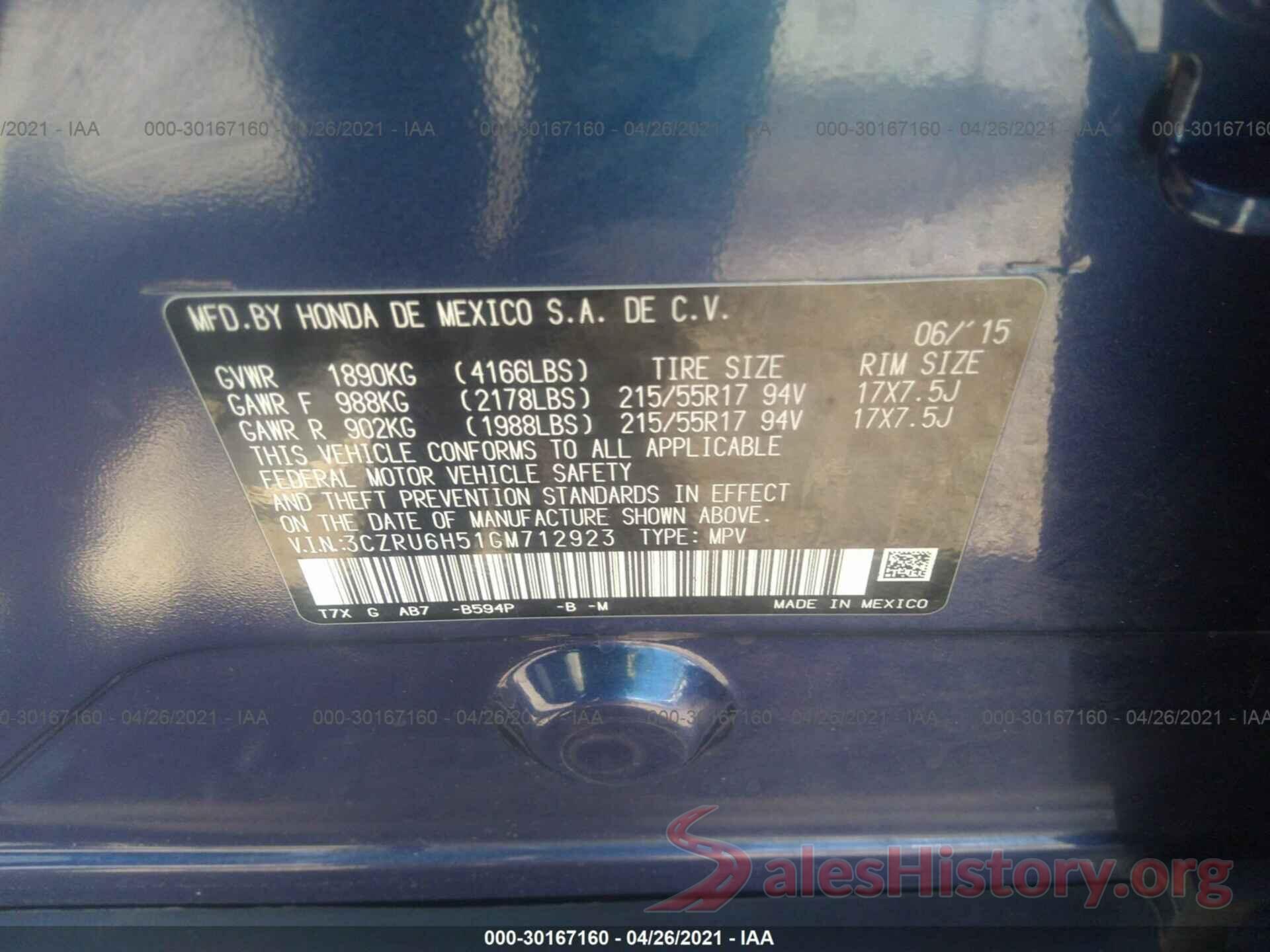 3CZRU6H51GM712923 2016 HONDA HR-V