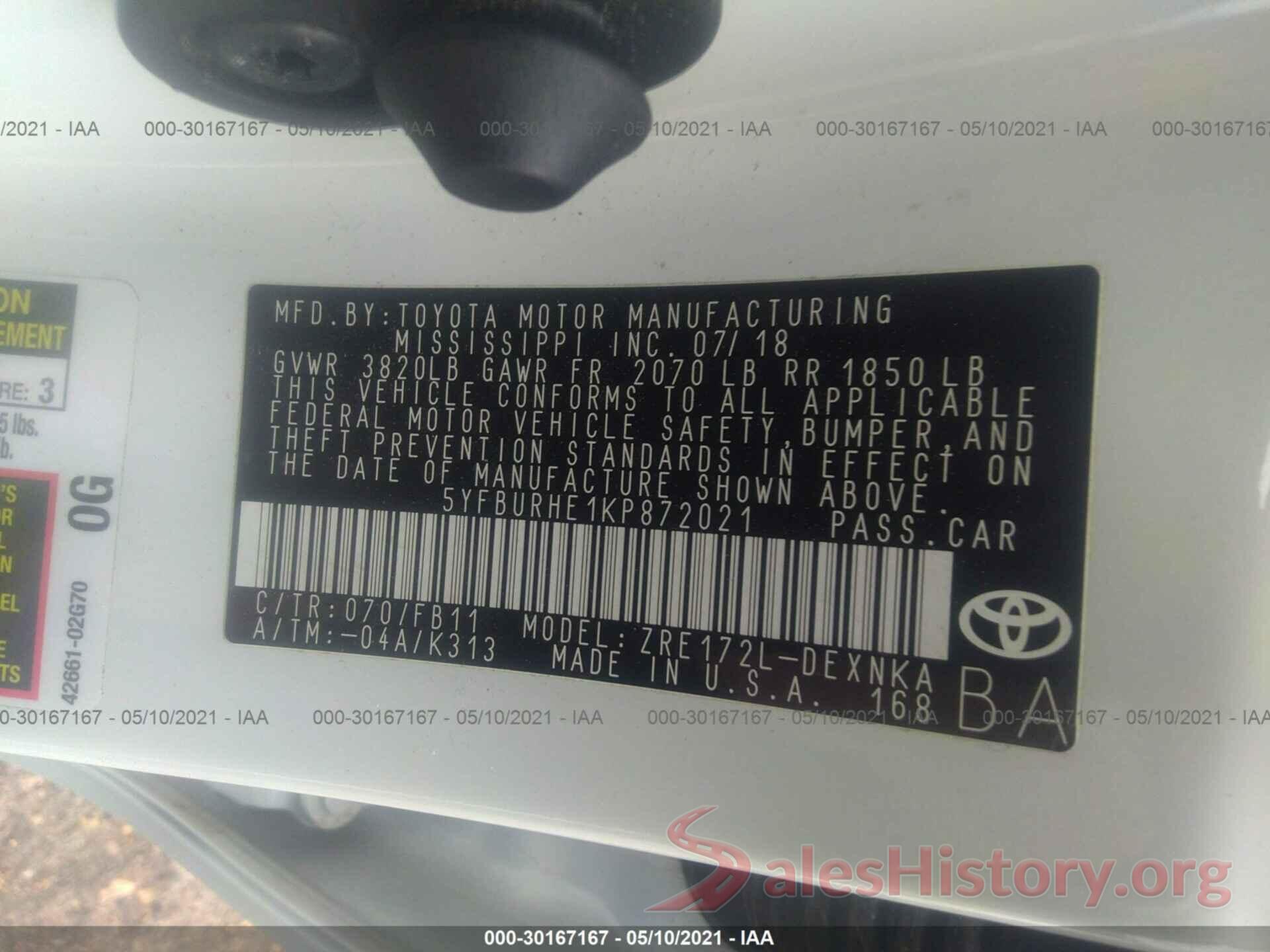 5YFBURHE1KP872021 2019 TOYOTA COROLLA