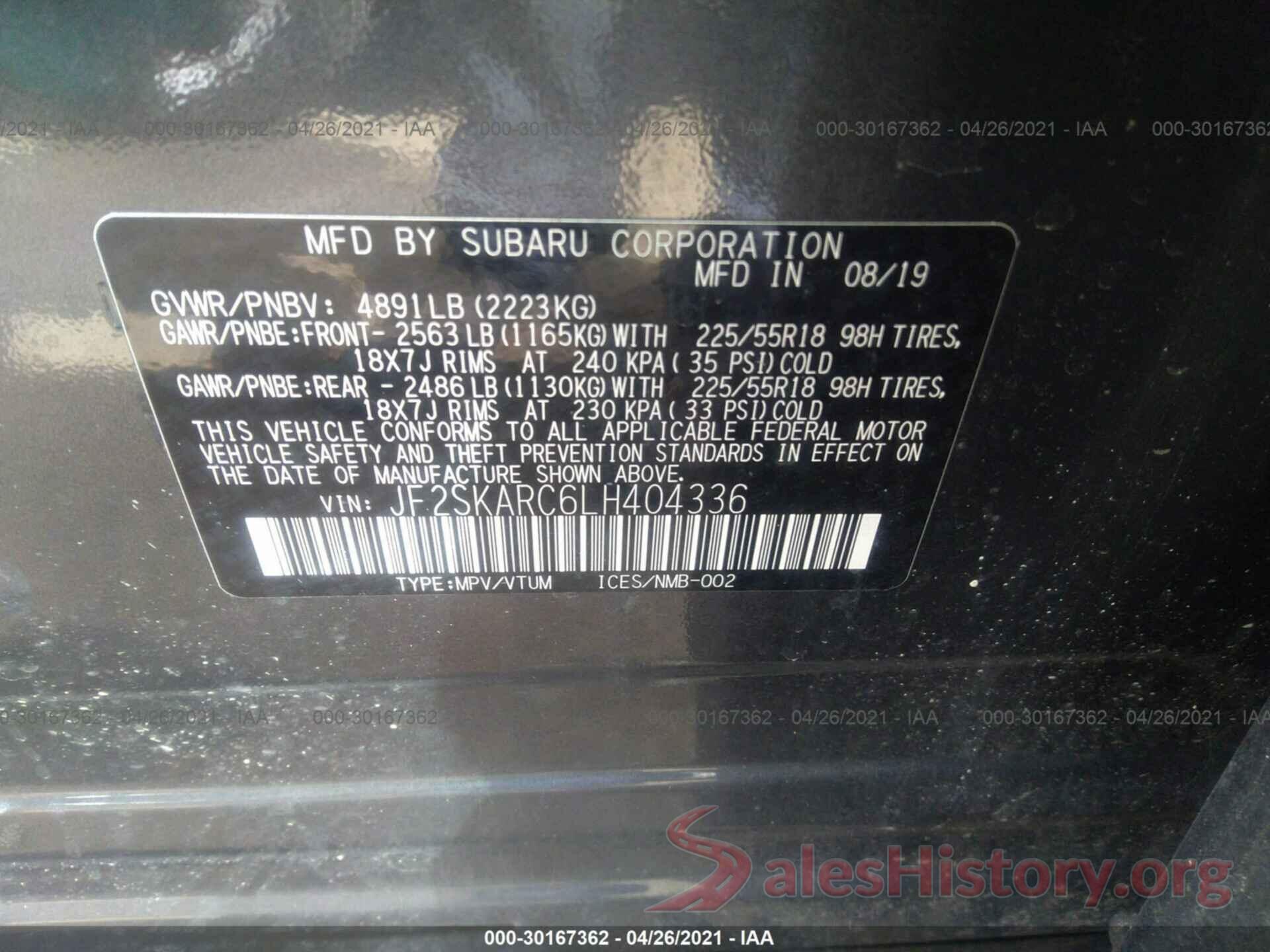 JF2SKARC6LH404336 2020 SUBARU FORESTER