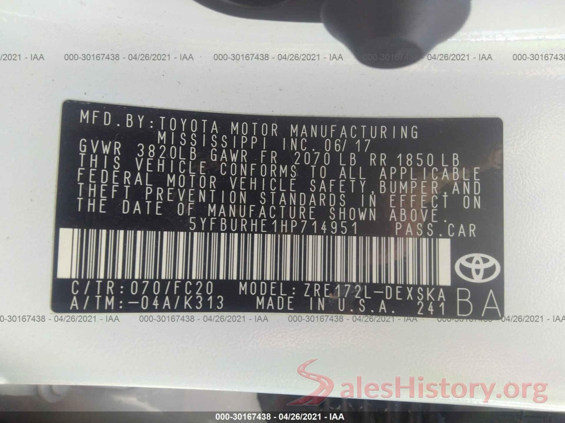 5YFBURHE1HP714951 2017 TOYOTA COROLLA