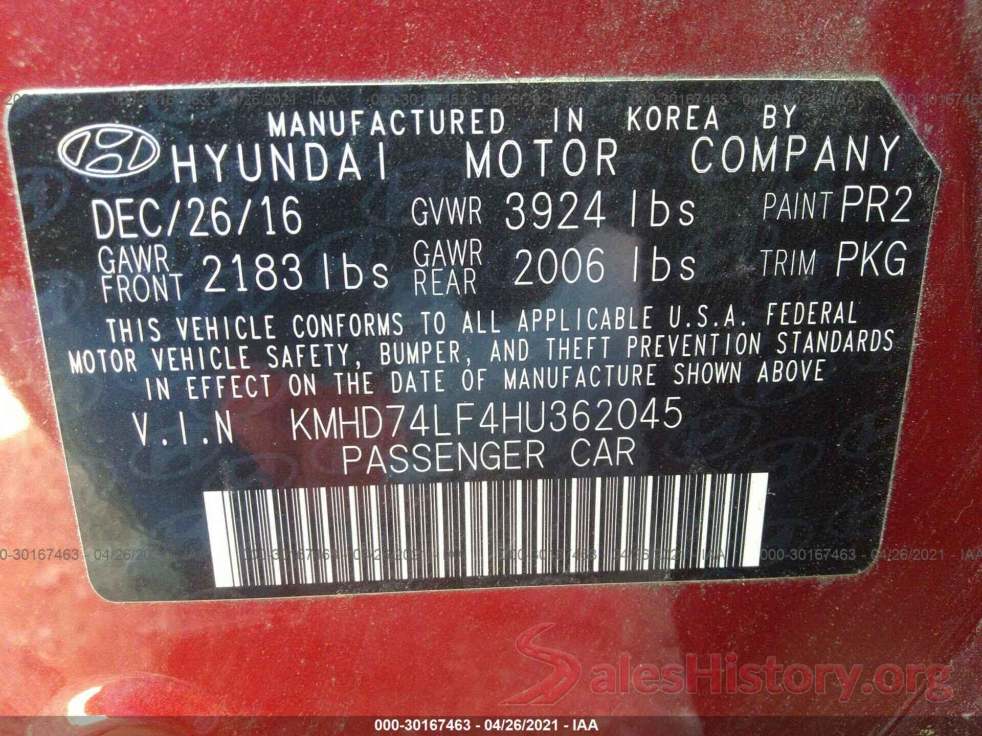 KMHD74LF4HU362045 2017 HYUNDAI ELANTRA