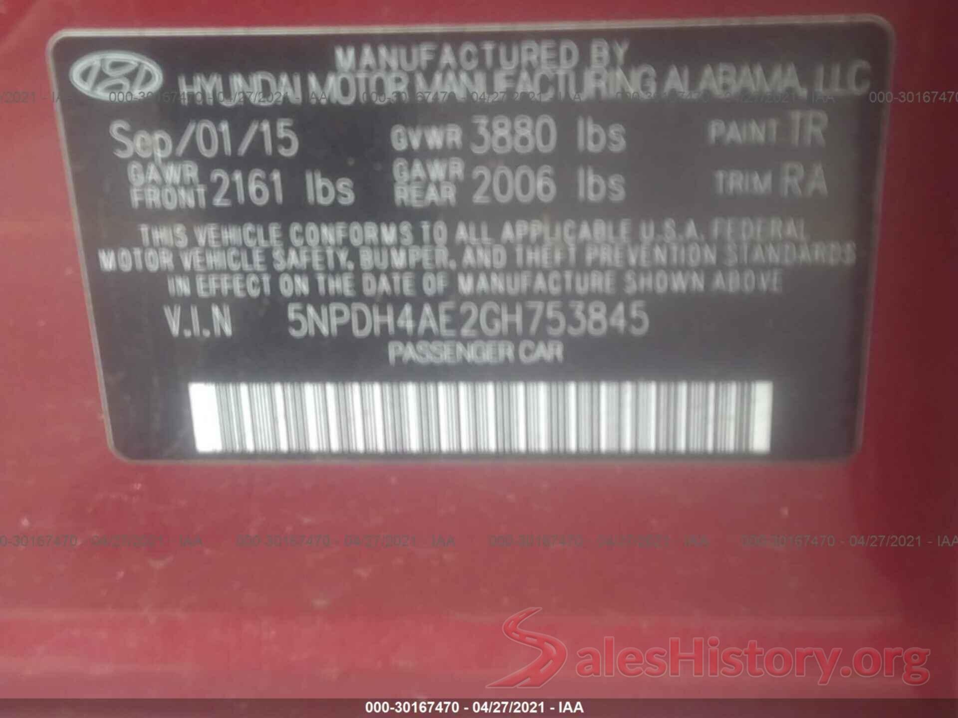 5NPDH4AE2GH753845 2016 HYUNDAI ELANTRA