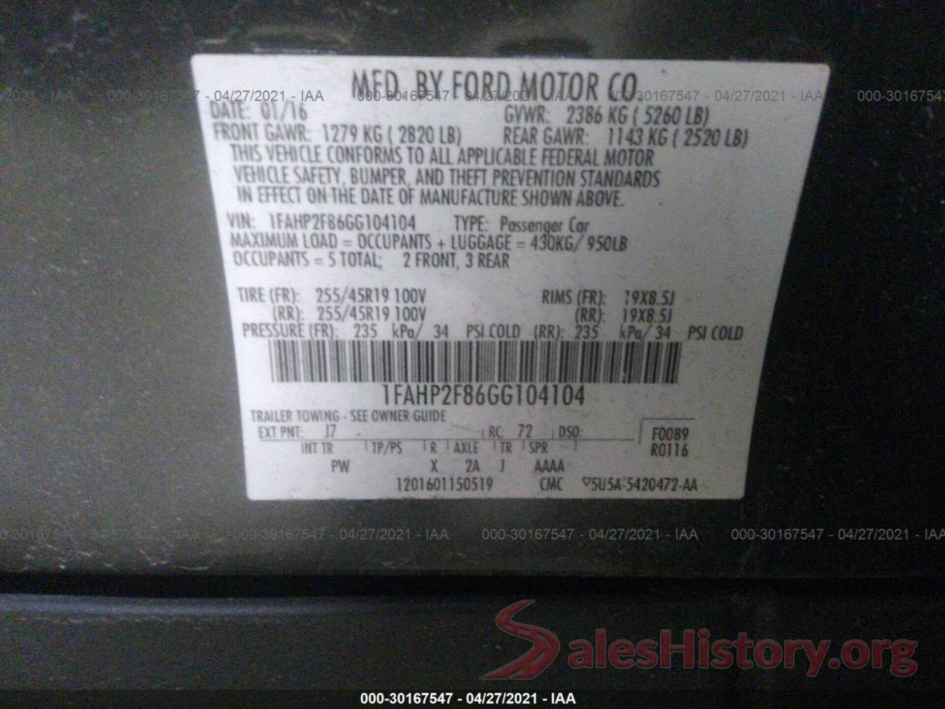 1FAHP2F86GG104104 2016 FORD TAURUS