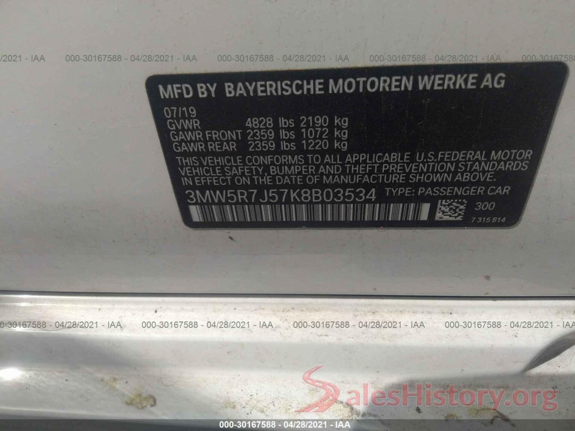 3MW5R7J57K8B03534 2019 BMW 3 SERIES