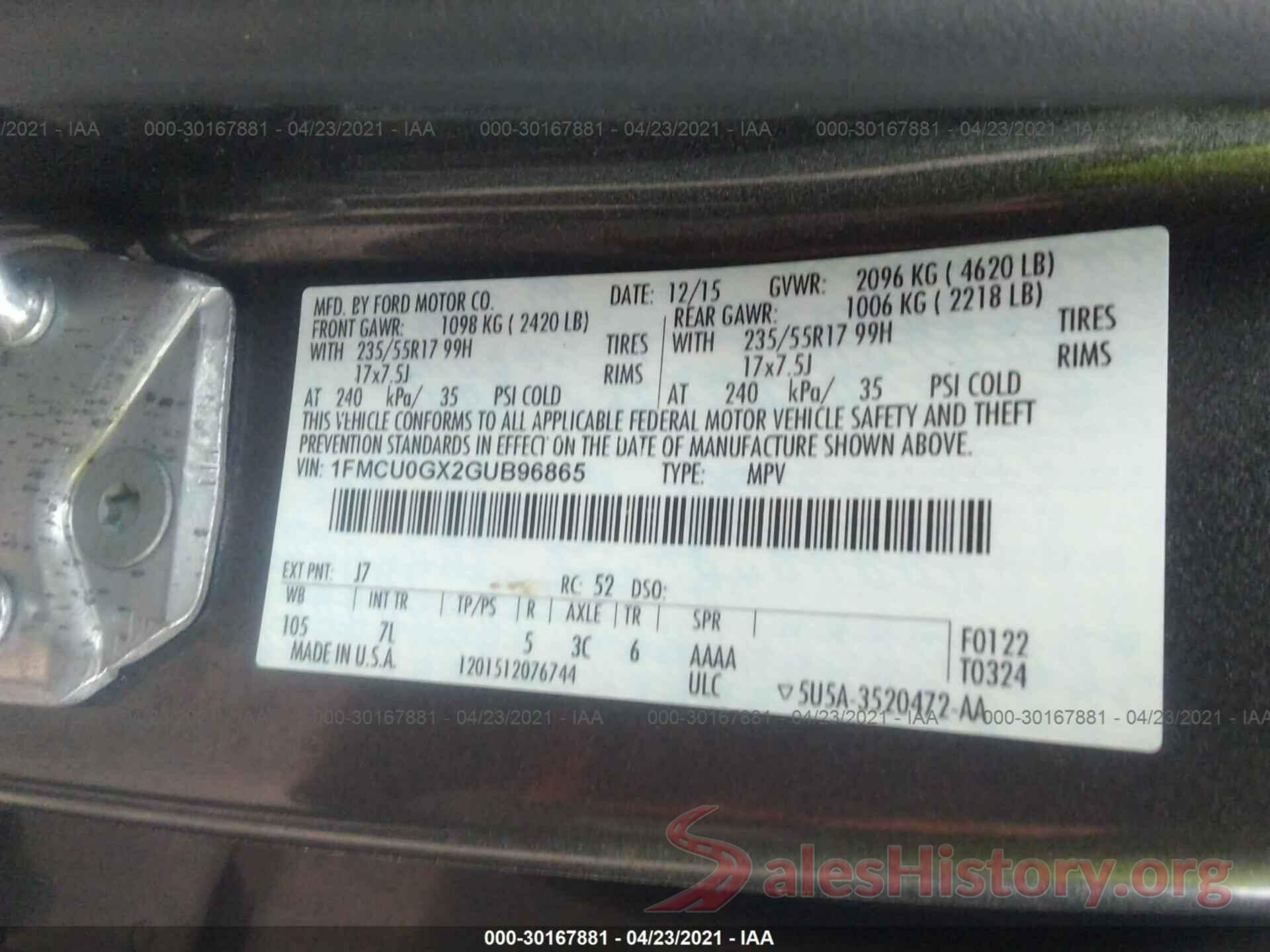 1FMCU0GX2GUB96865 2016 FORD ESCAPE