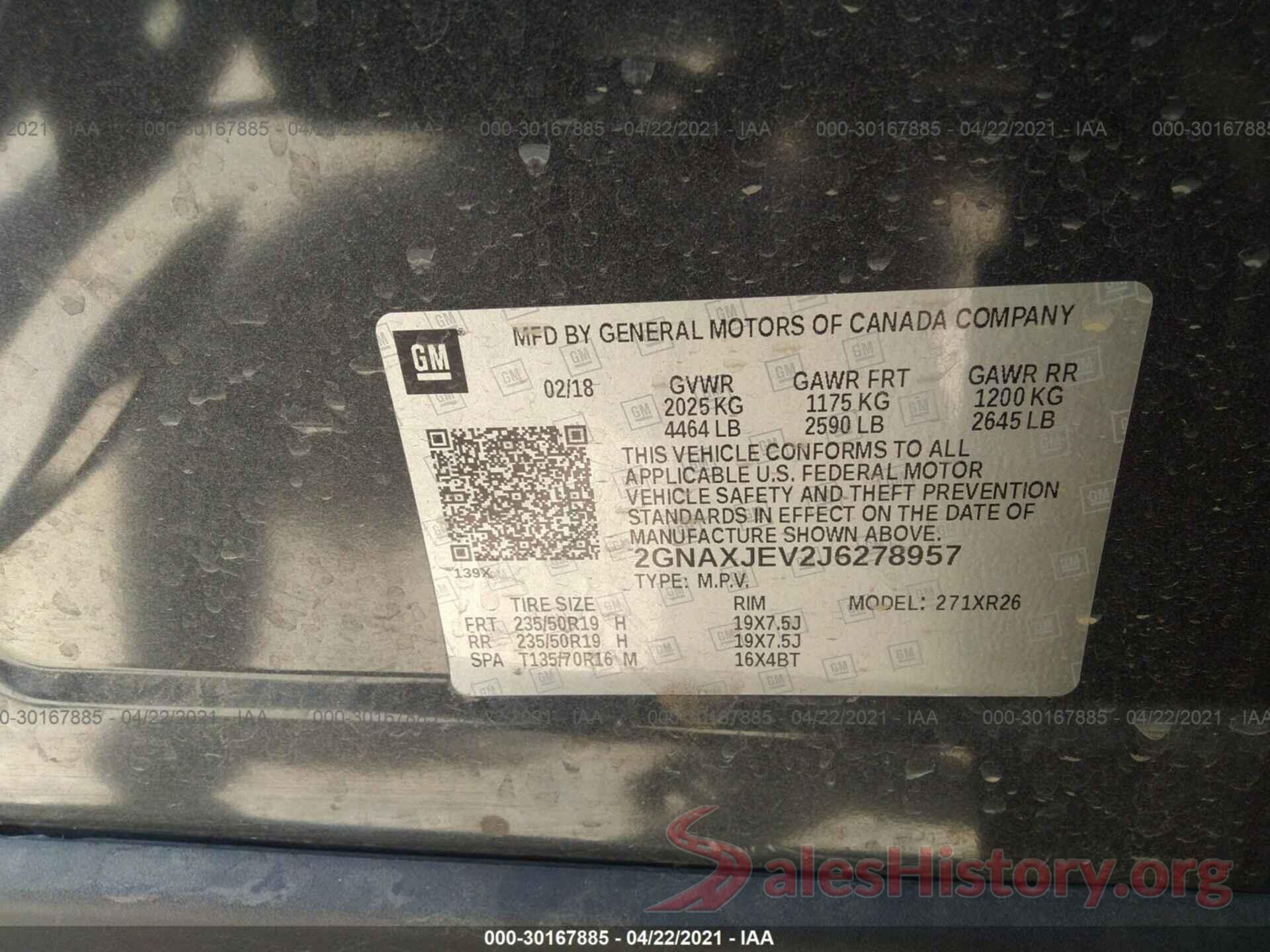 2GNAXJEV2J6278957 2018 CHEVROLET EQUINOX