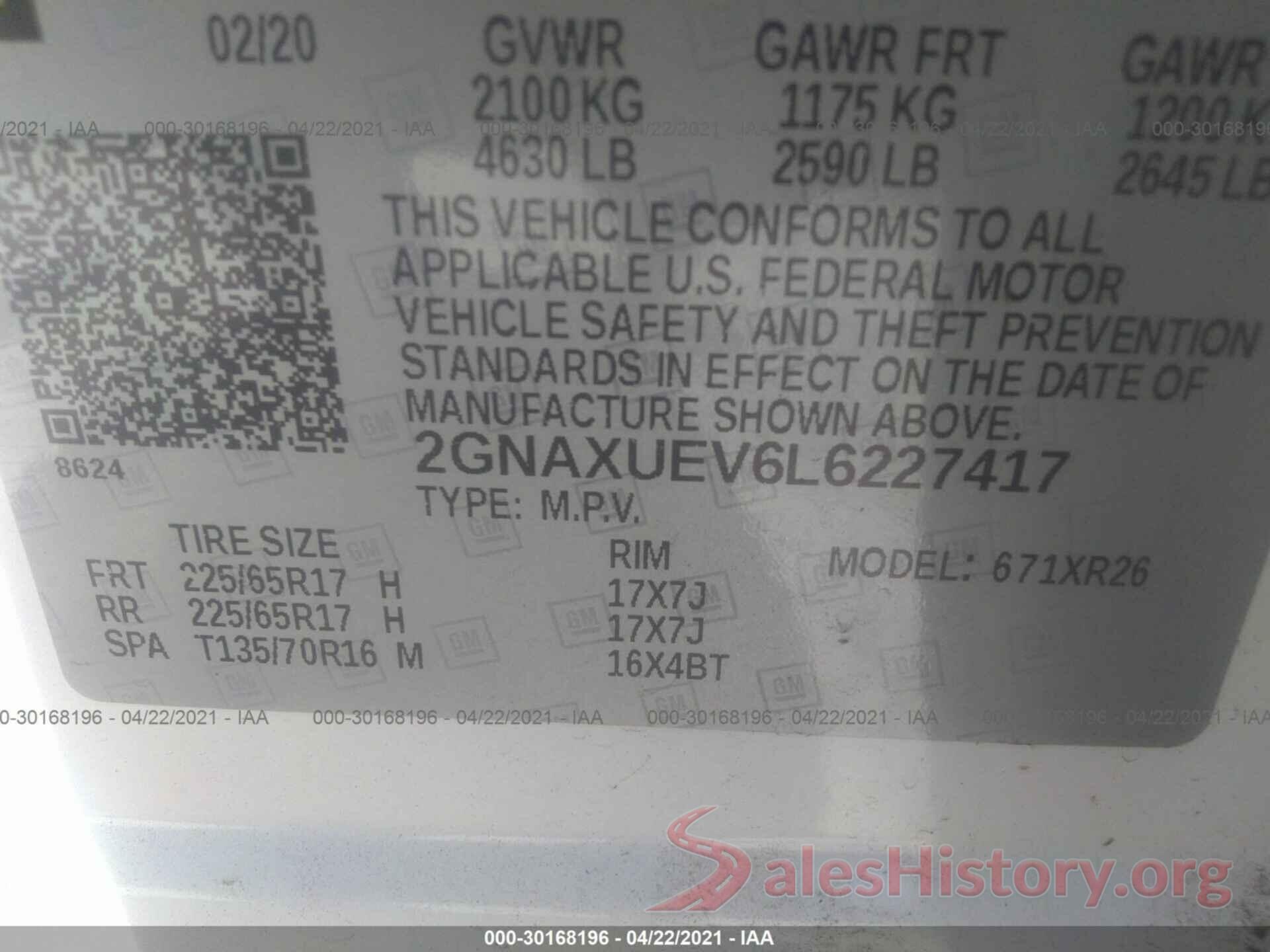 2GNAXUEV6L6227417 2020 CHEVROLET EQUINOX