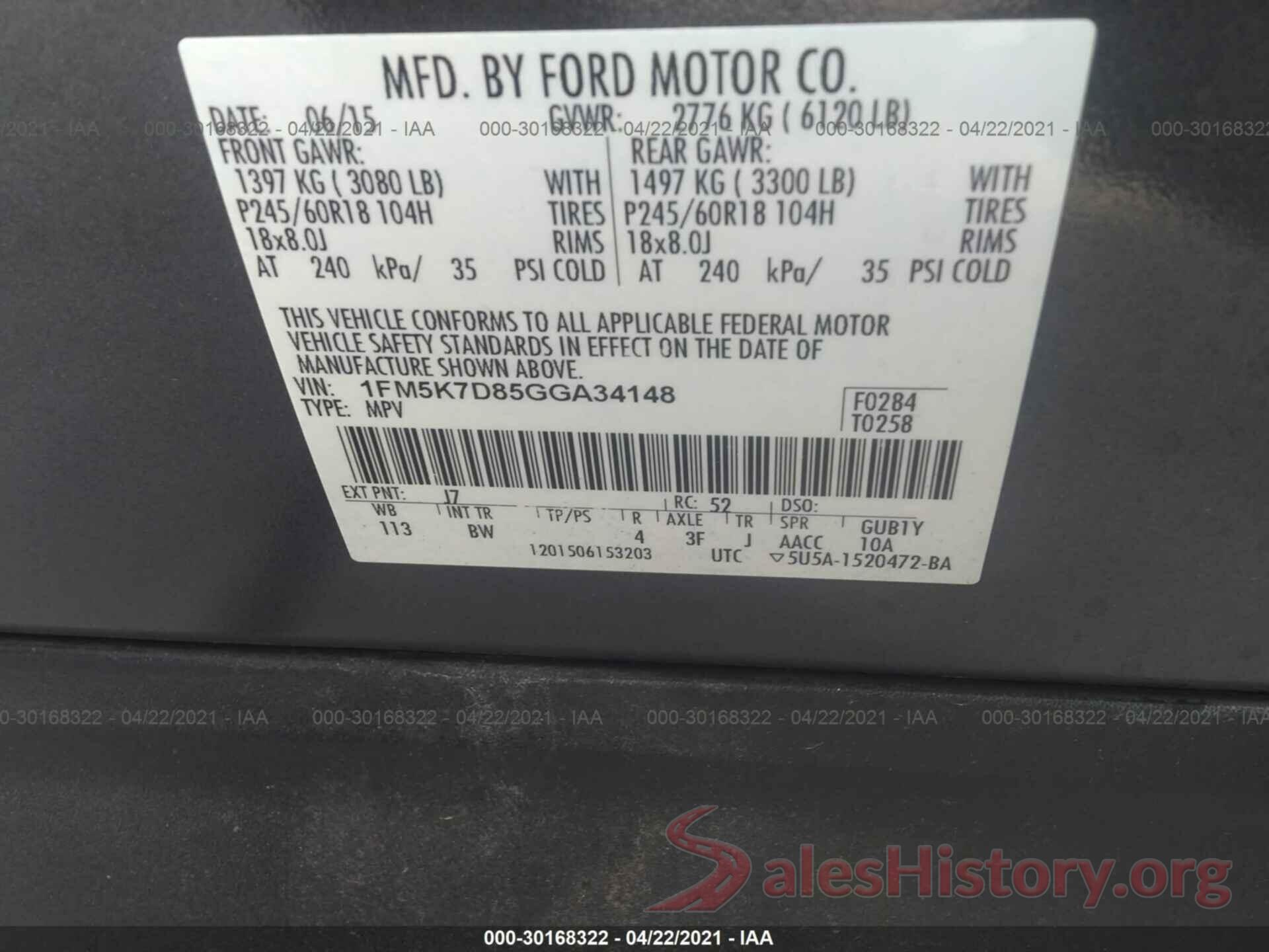 1FM5K7D85GGA34148 2016 FORD EXPLORER