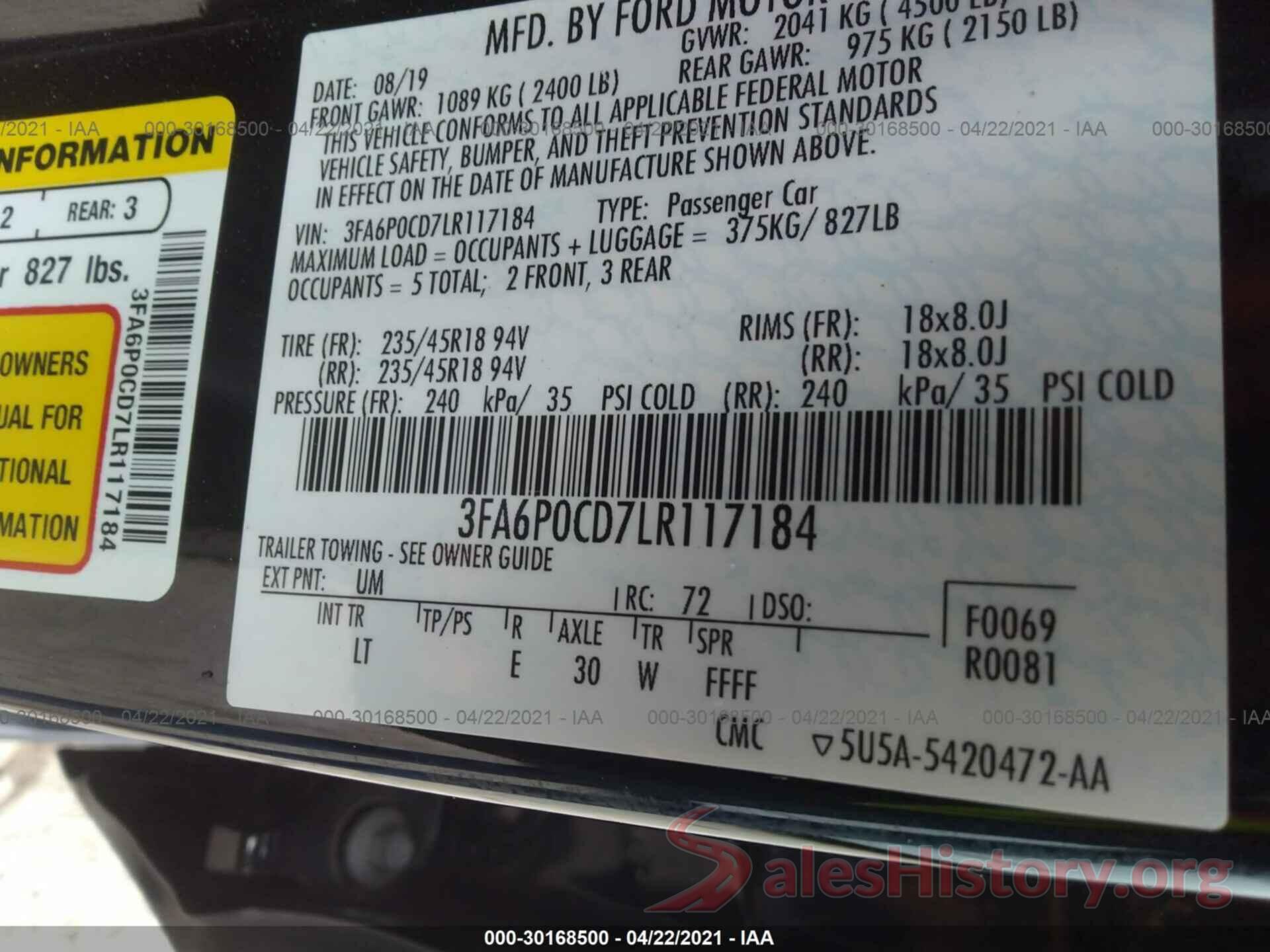 3FA6P0CD7LR117184 2020 FORD FUSION