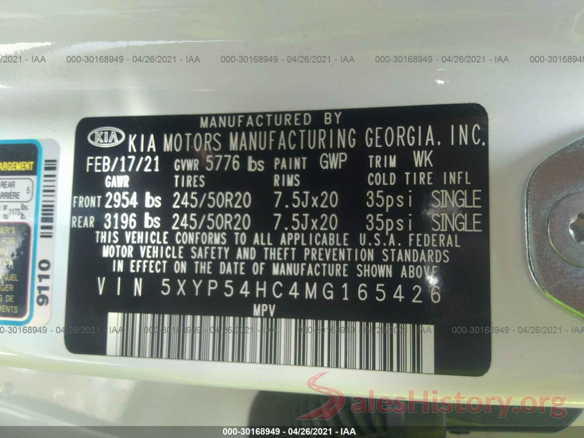 5XYP54HC4MG165426 2021 KIA TELLURIDE