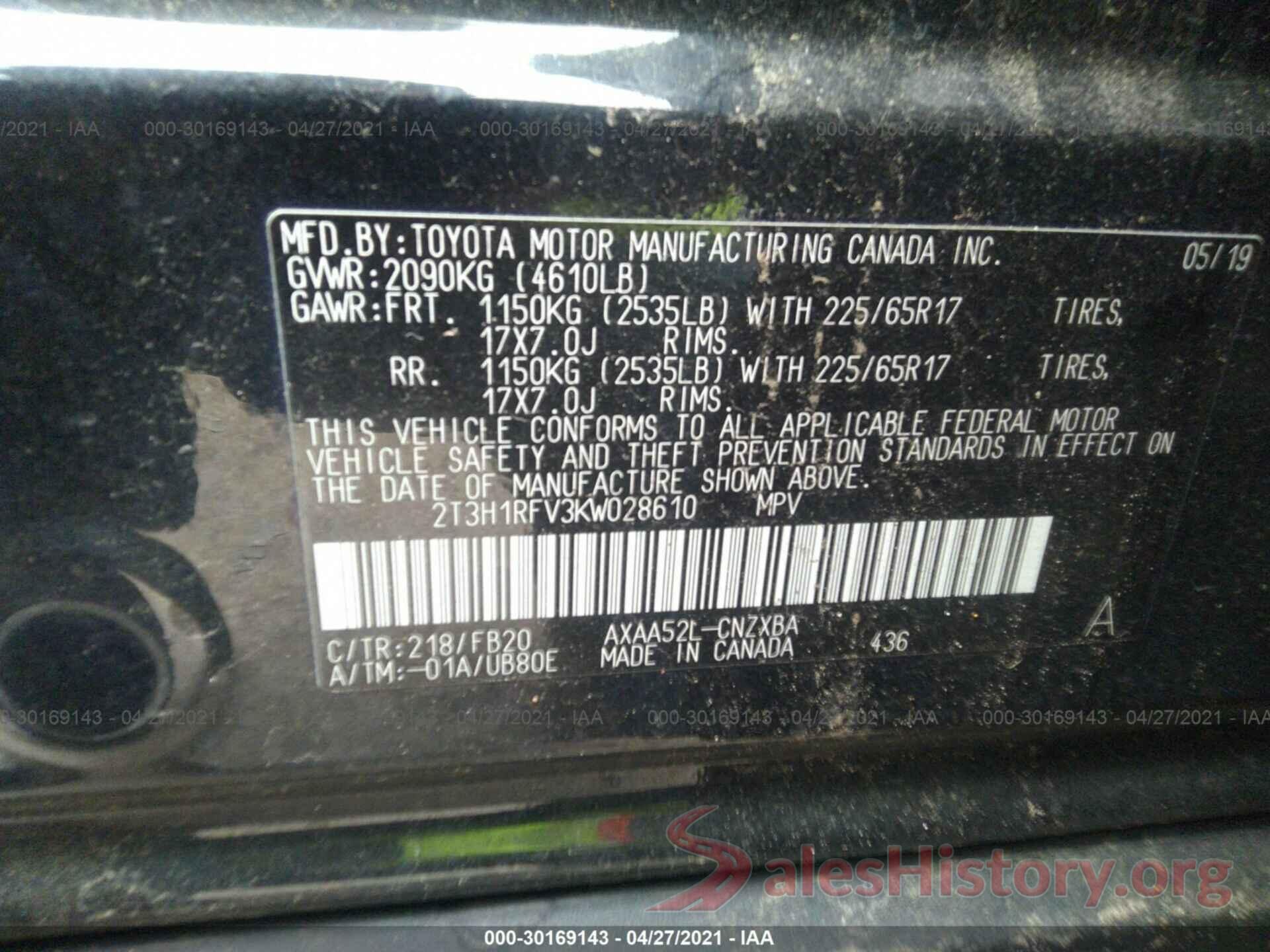 2T3H1RFV3KW028610 2019 TOYOTA RAV4