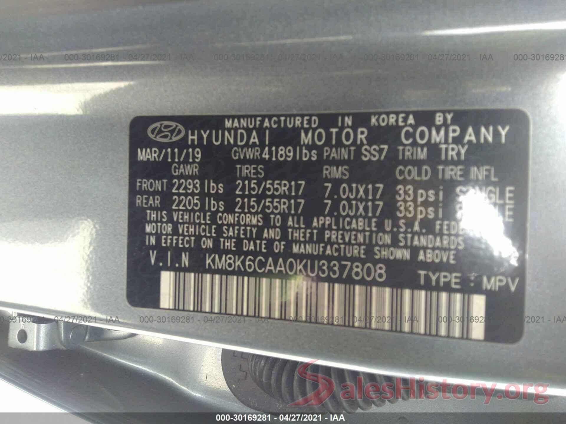 KM8K6CAA0KU337808 2019 HYUNDAI KONA