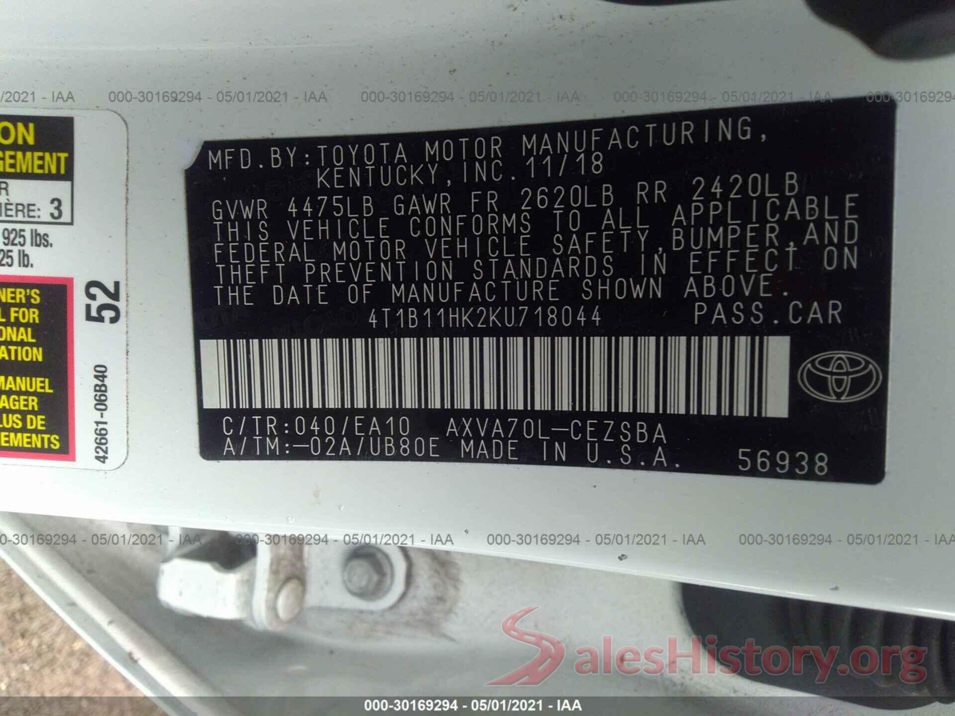 4T1B11HK2KU718044 2019 TOYOTA CAMRY