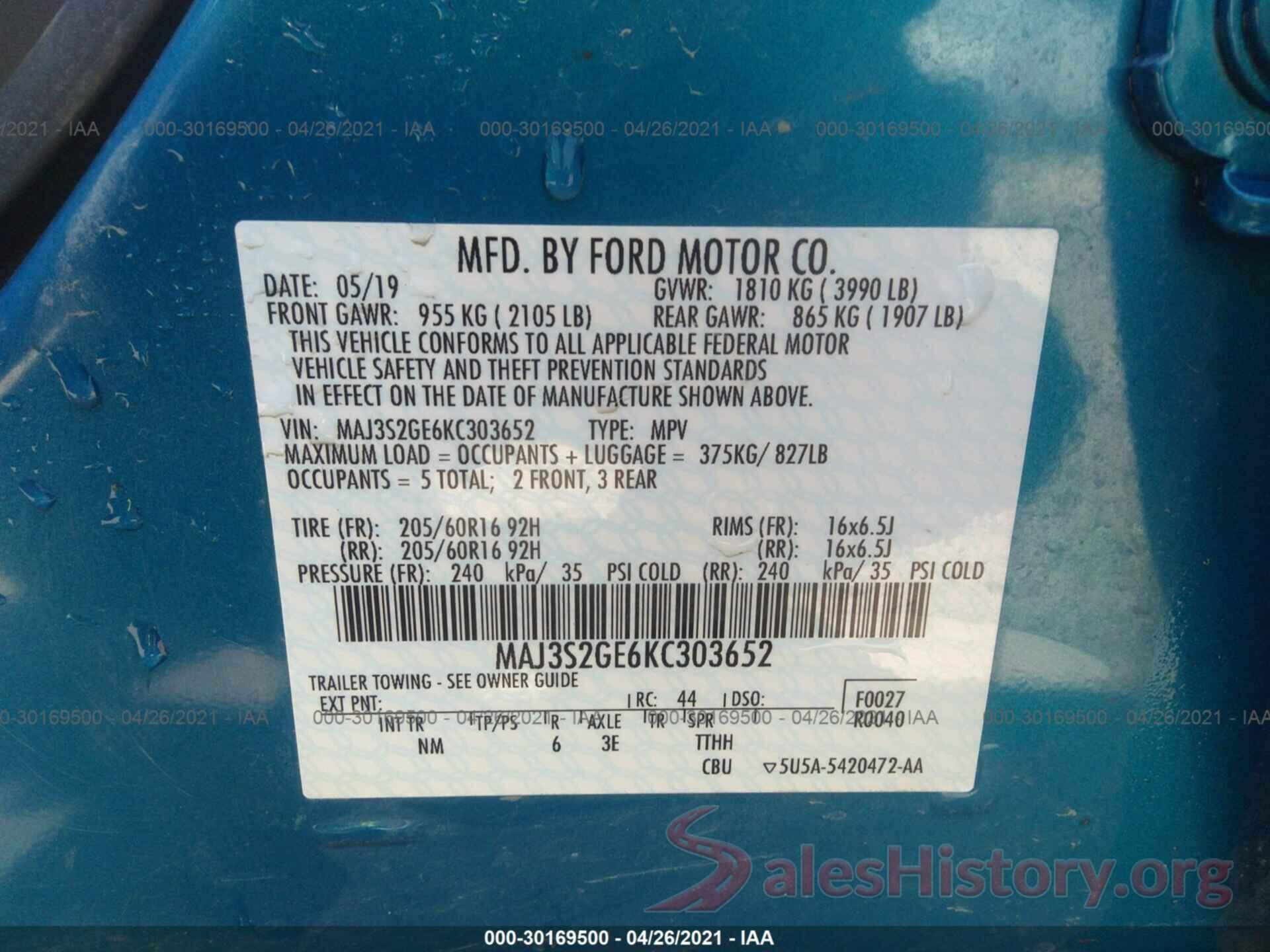 MAJ3S2GE6KC303652 2019 FORD ECOSPORT