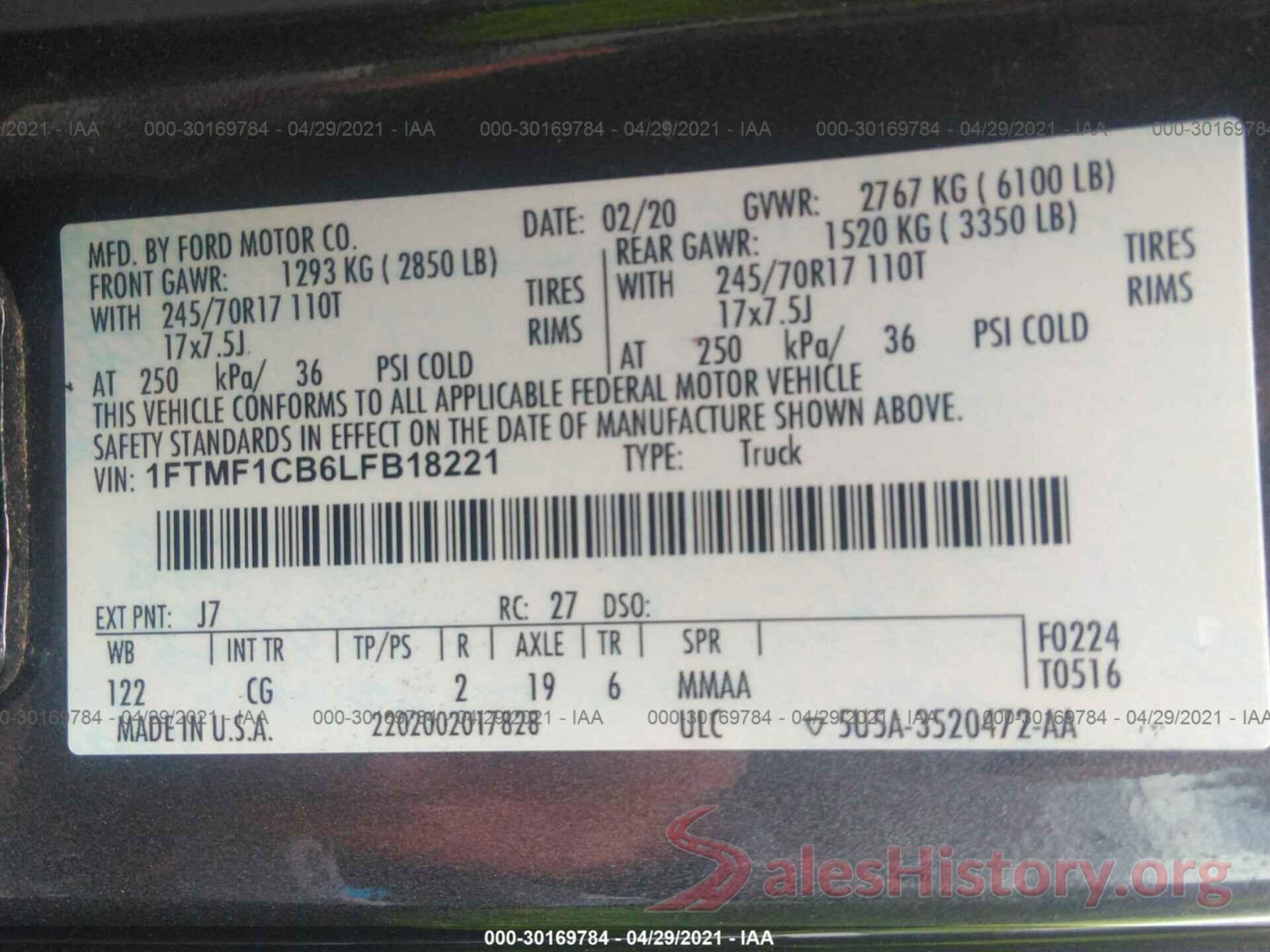 1FTMF1CB6LFB18221 2020 FORD F-150