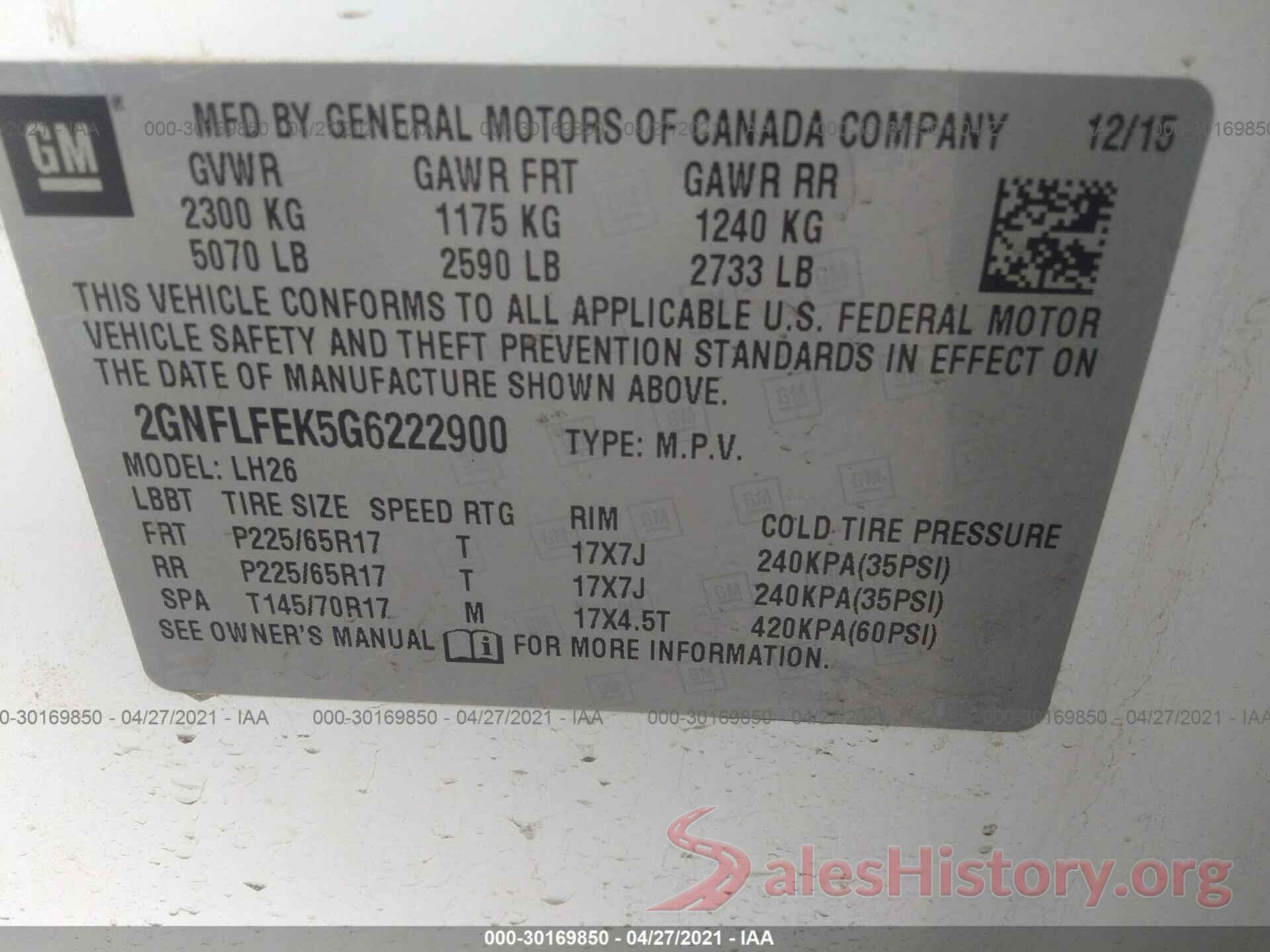 2GNFLFEK5G6222900 2016 CHEVROLET EQUINOX