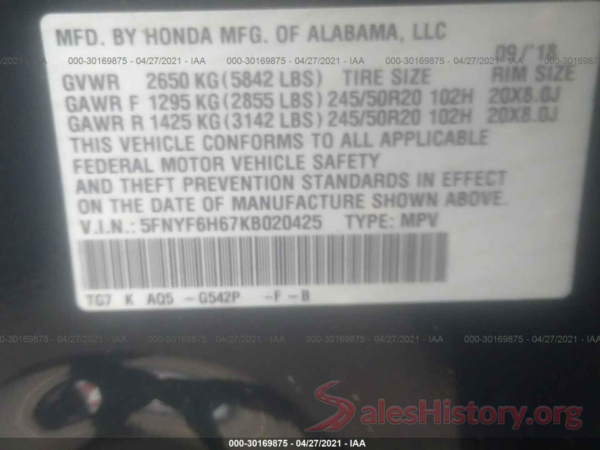 5FNYF6H67KB020425 2019 HONDA PILOT