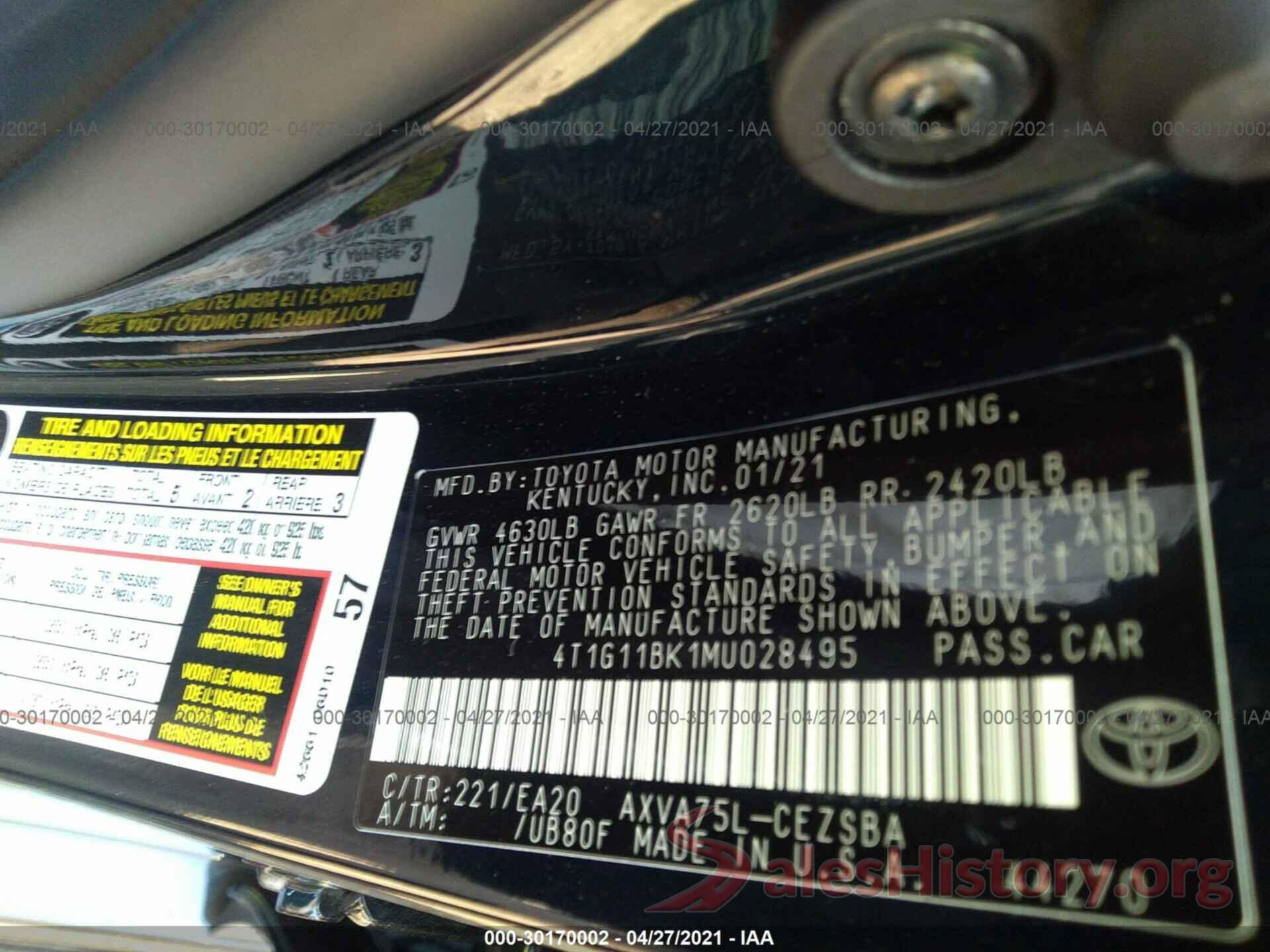 4T1G11BK1MU028495 2021 TOYOTA CAMRY