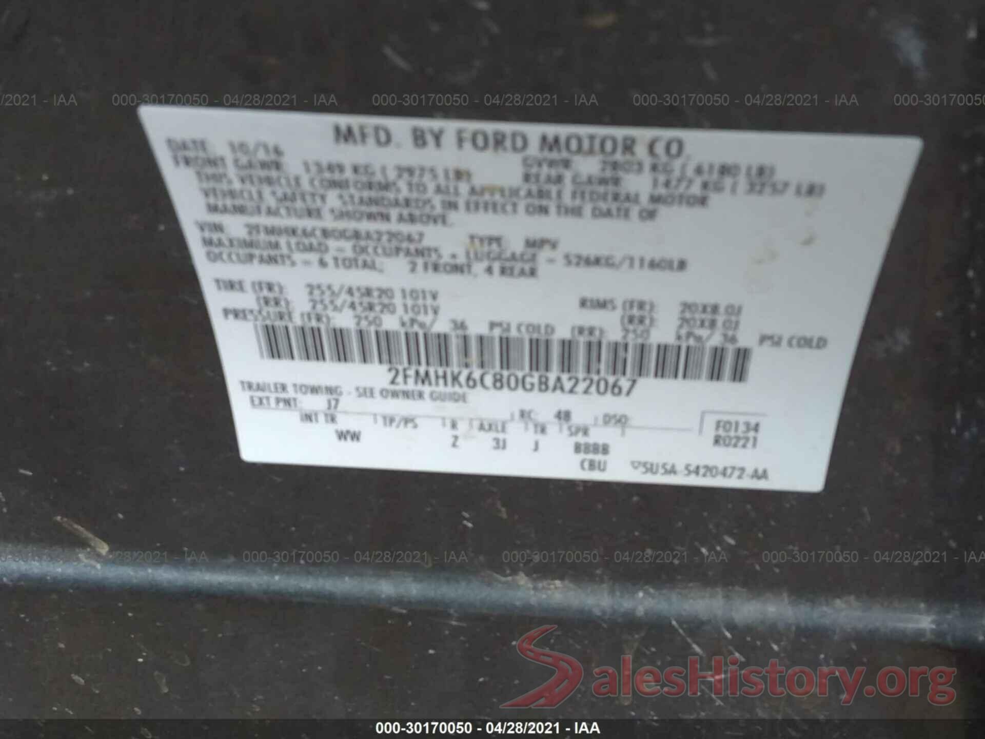 2FMHK6C80GBA22067 2016 FORD FLEX