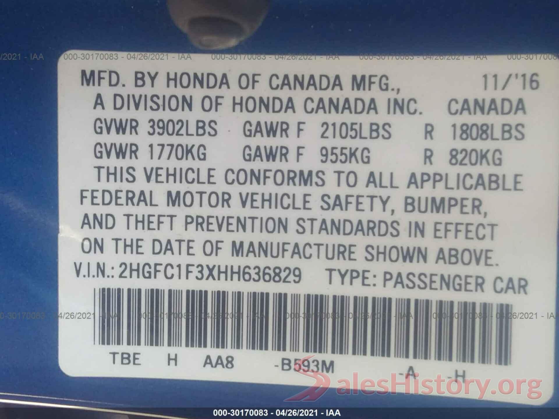 2HGFC1F3XHH636829 2017 HONDA CIVIC SEDAN